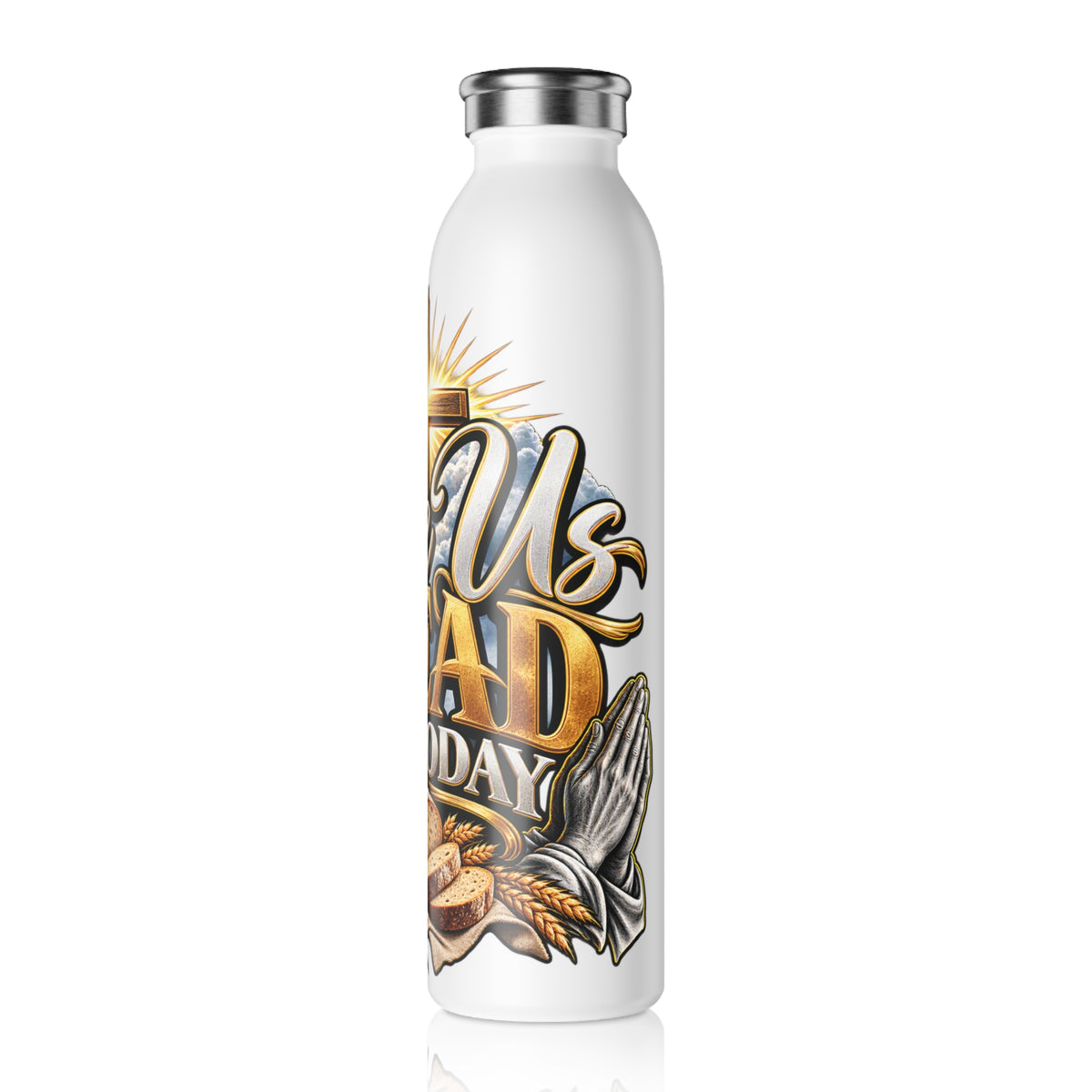 Slim Water Bottle — "Give Us This Bread For Today" Christian Cross Design