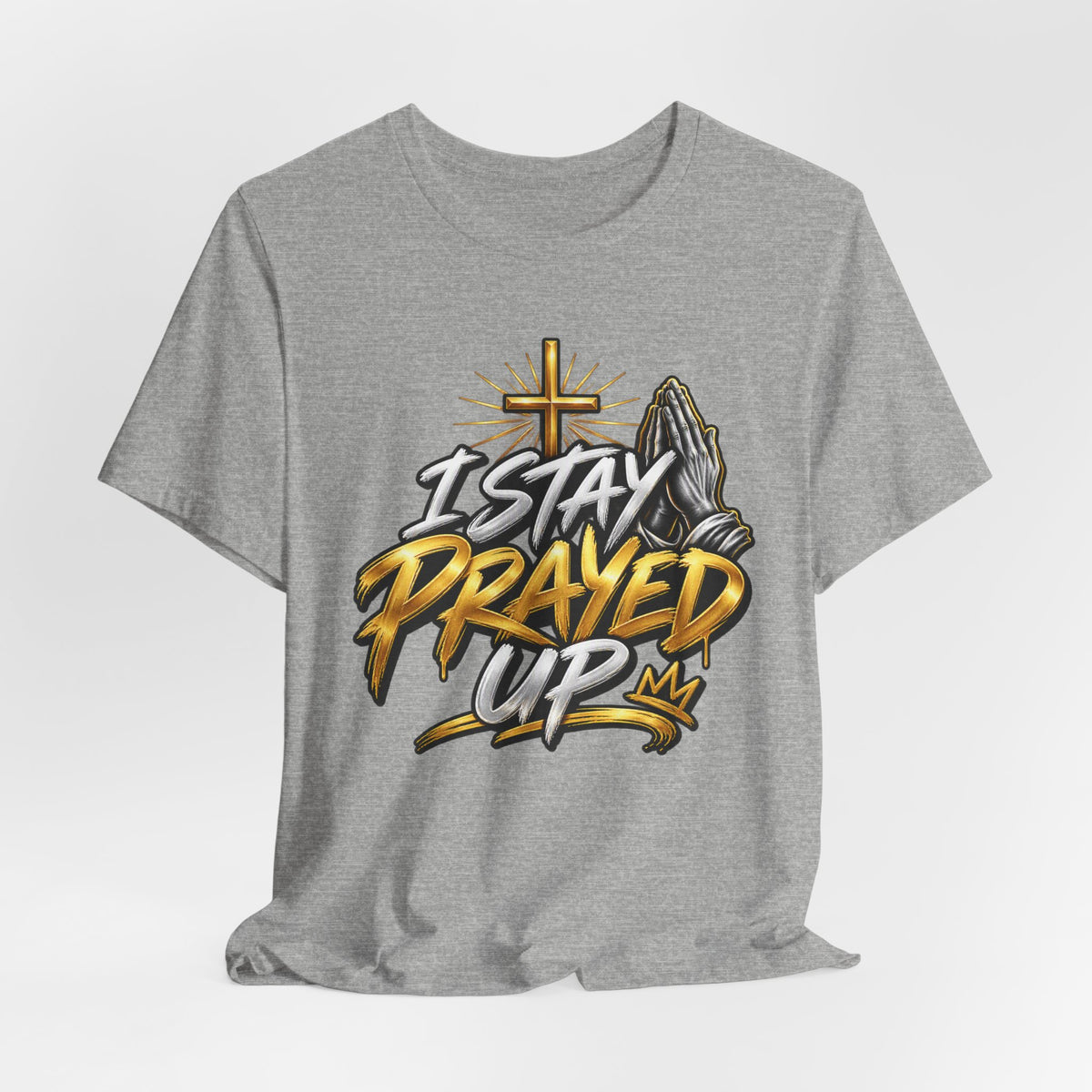 I Stay Prayed Up Tee — Inspirational Christian Graphic T-Shirt with Cross & Praying Hands