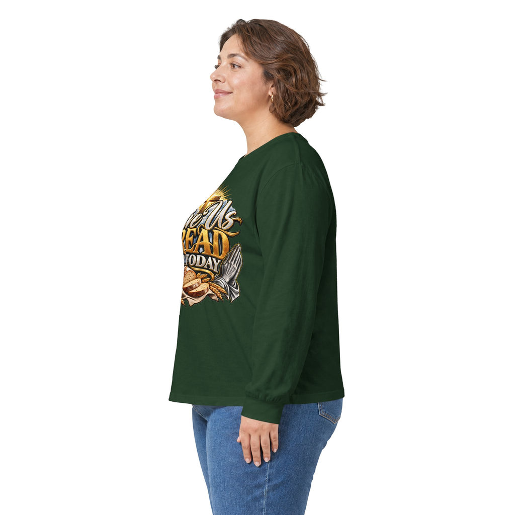 Long Sleeve Tee — "Give Us Bread For Today" Christian Faith Prayer Graphic Shirt