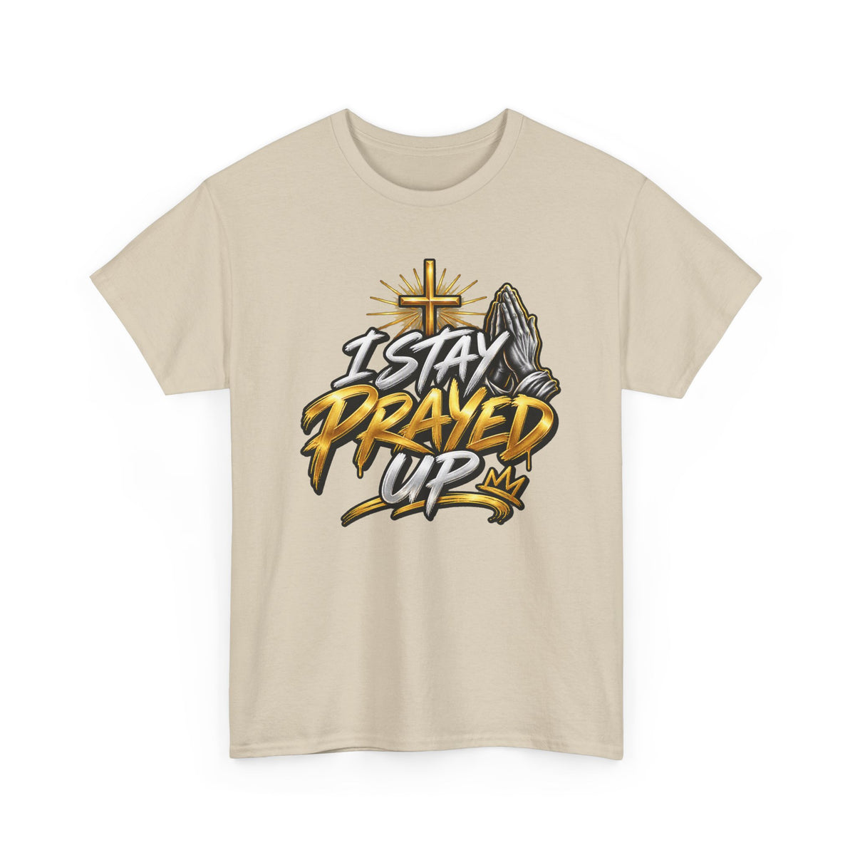 I Stay Prayed Up Tee — Christian Faith Prayer T-Shirt with Cross & Praying Hands