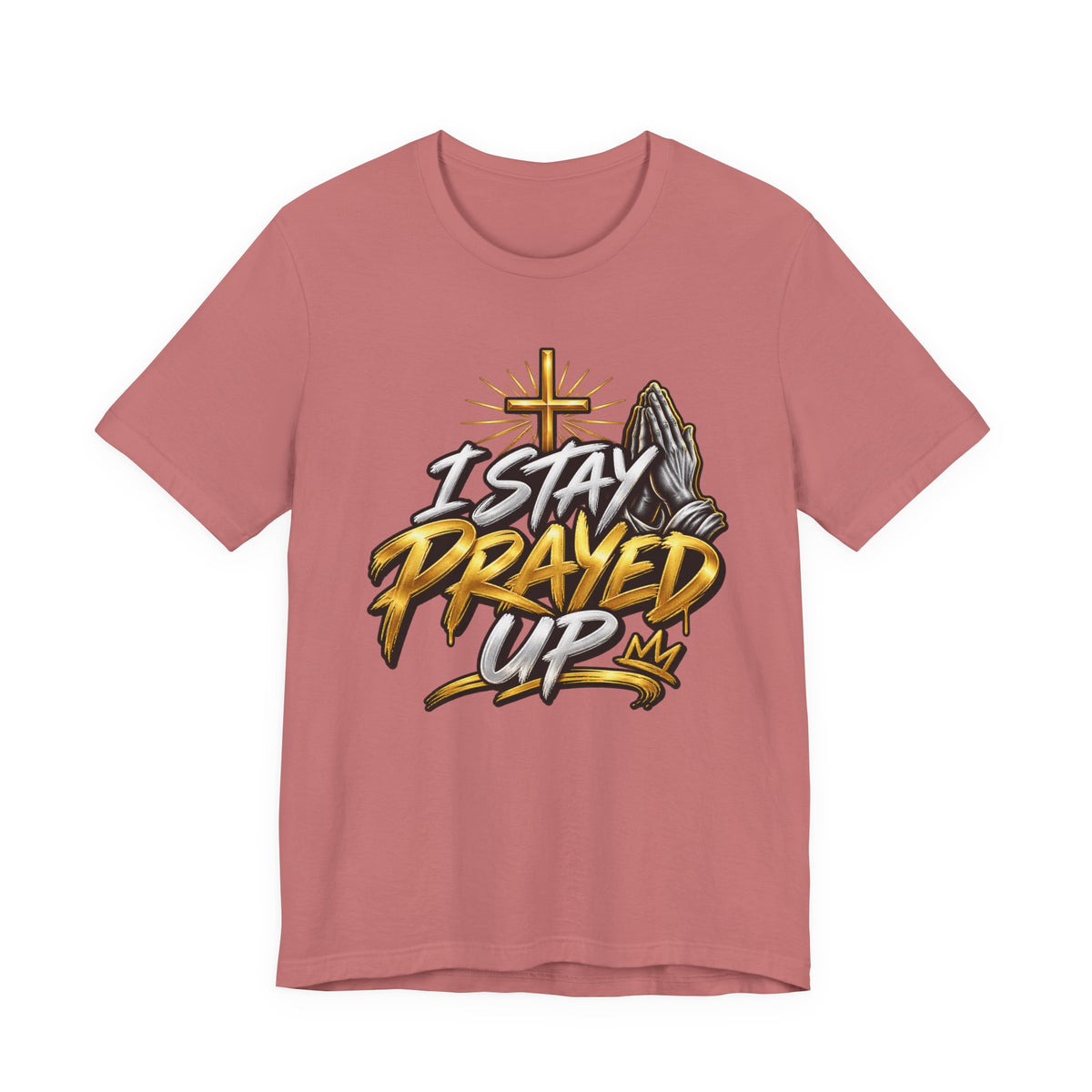I Stay Prayed Up Tee — Inspirational Christian Graphic T-Shirt with Cross & Praying Hands