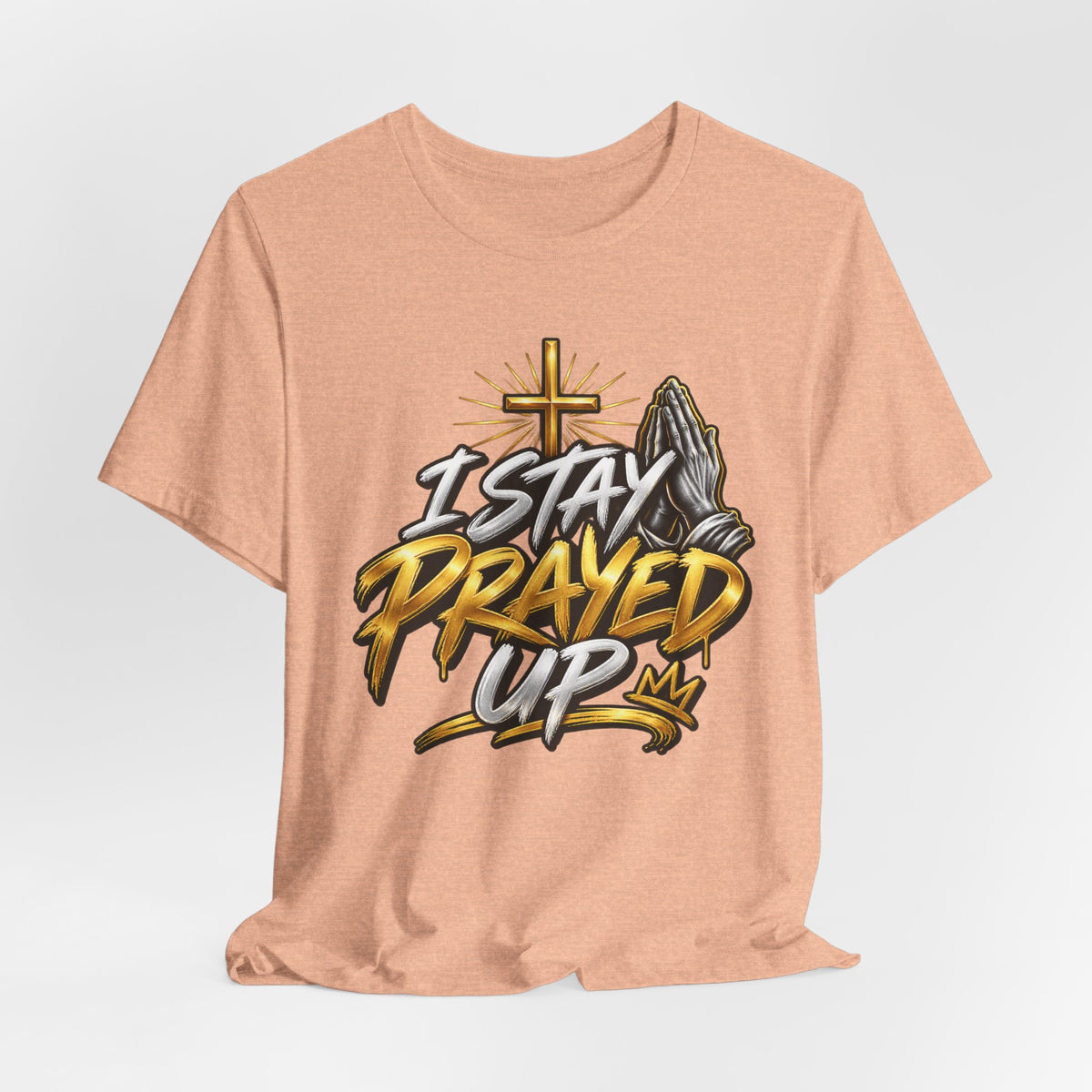 I Stay Prayed Up Tee — Inspirational Christian Graphic T-Shirt with Cross & Praying Hands