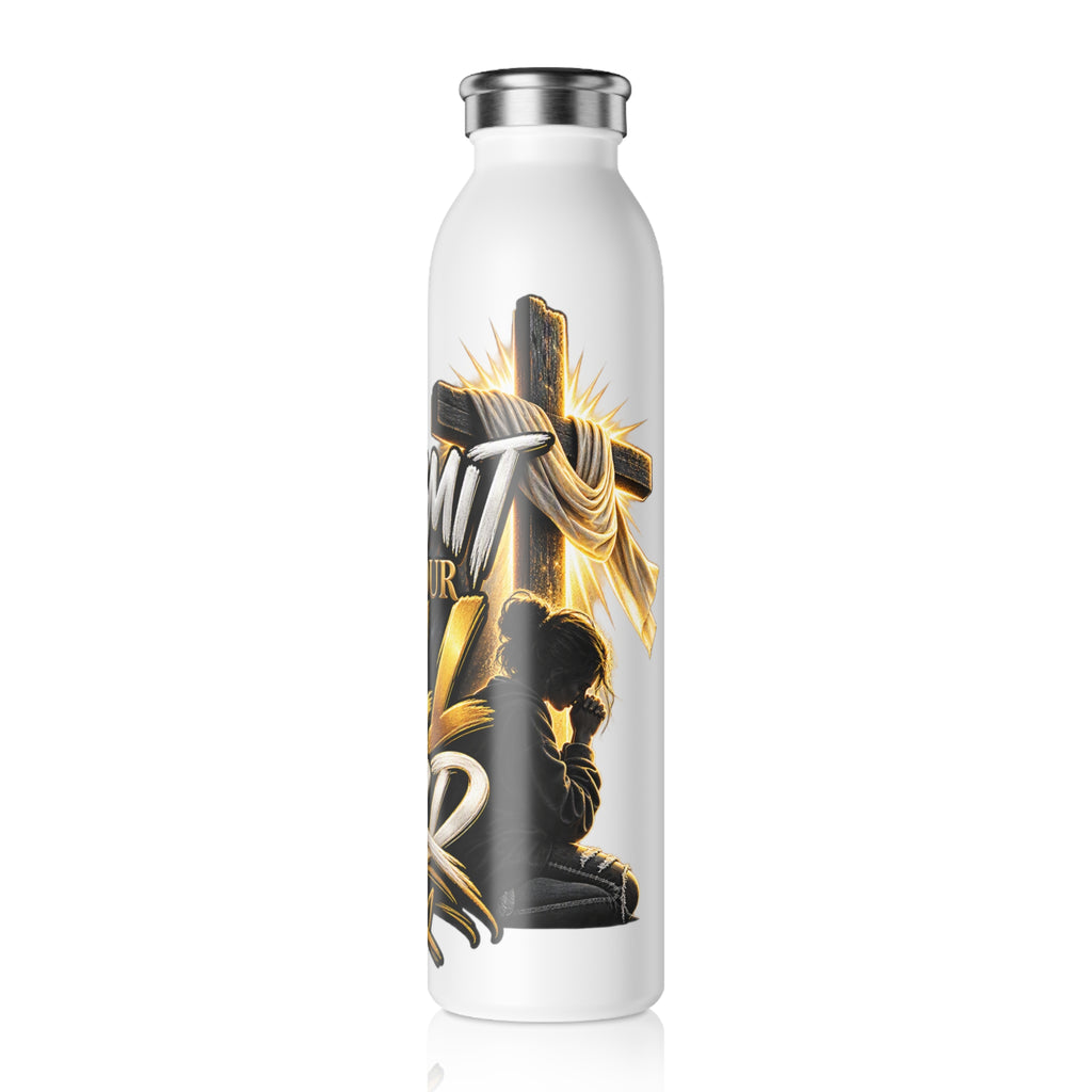 Slim Water Bottle — "I Submit to Your Will Lord" Gold Script Inspirational Bottle