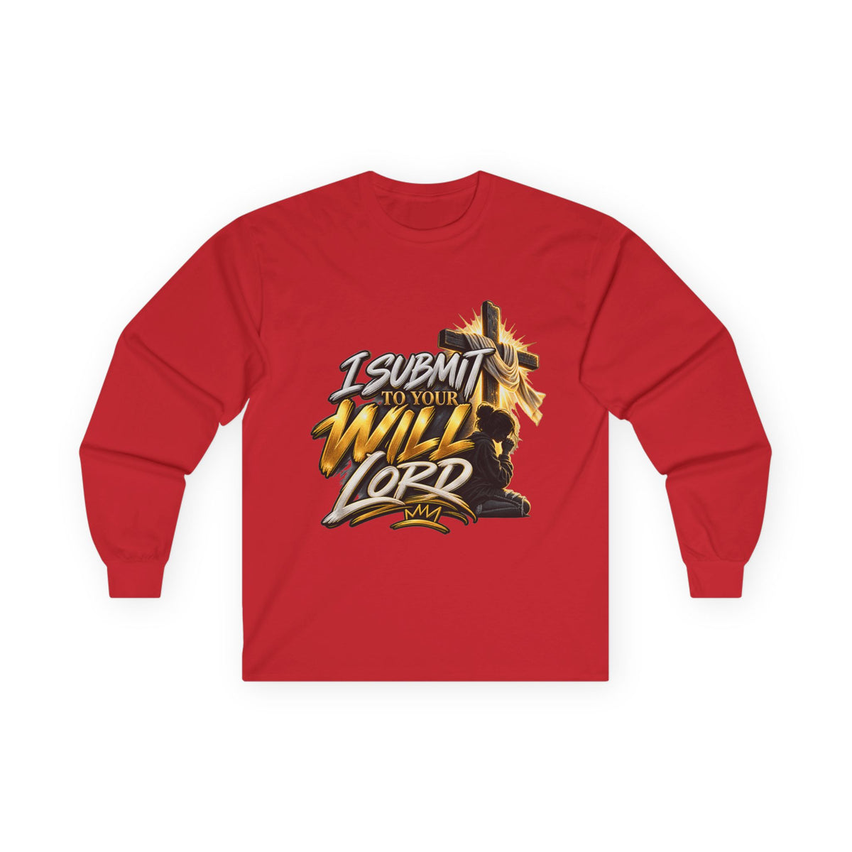 Religious Long Sleeve Tee — "I Submit to Your Will Lord" Cross Graphic