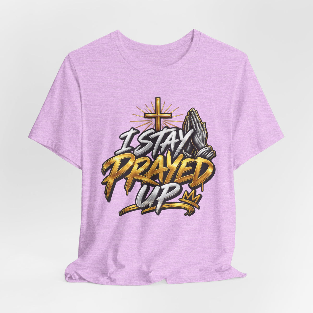 I Stay Prayed Up Tee — Inspirational Christian Graphic T-Shirt with Cross & Praying Hands