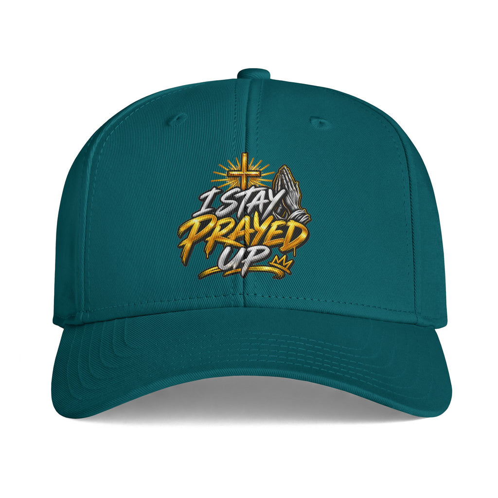 I Stay Prayed Up Cap — Christian Prayer Baseball Hat with Cross & Praying Hands