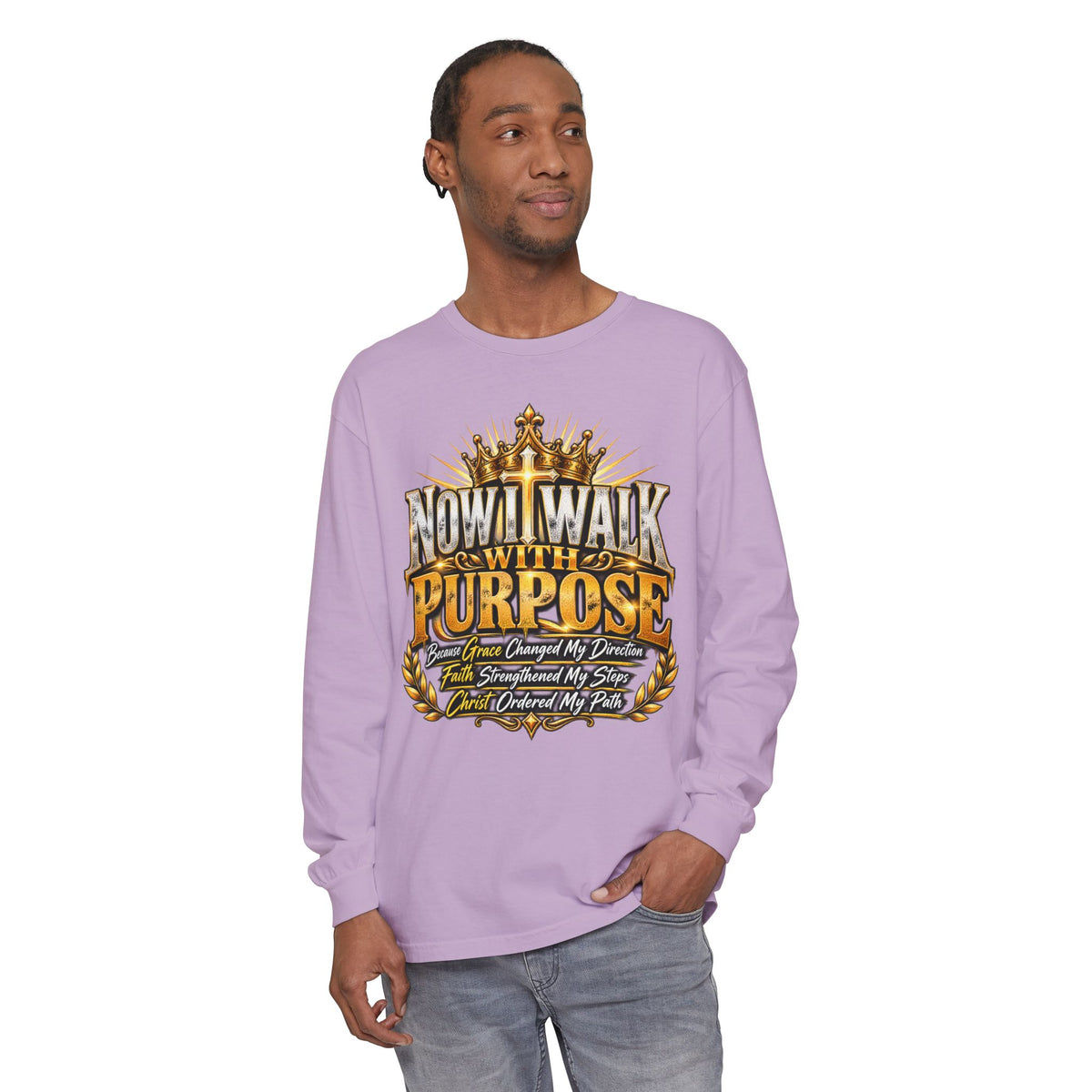 Now I Walk With Purpose Long Sleeve T‑Shirt — Inspirational Christian Faith Tee