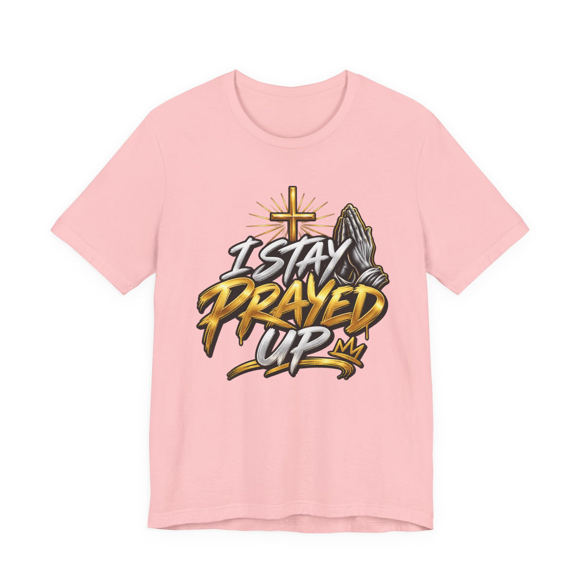 I Stay Prayed Up Tee — Inspirational Christian Graphic T-Shirt with Cross & Praying Hands