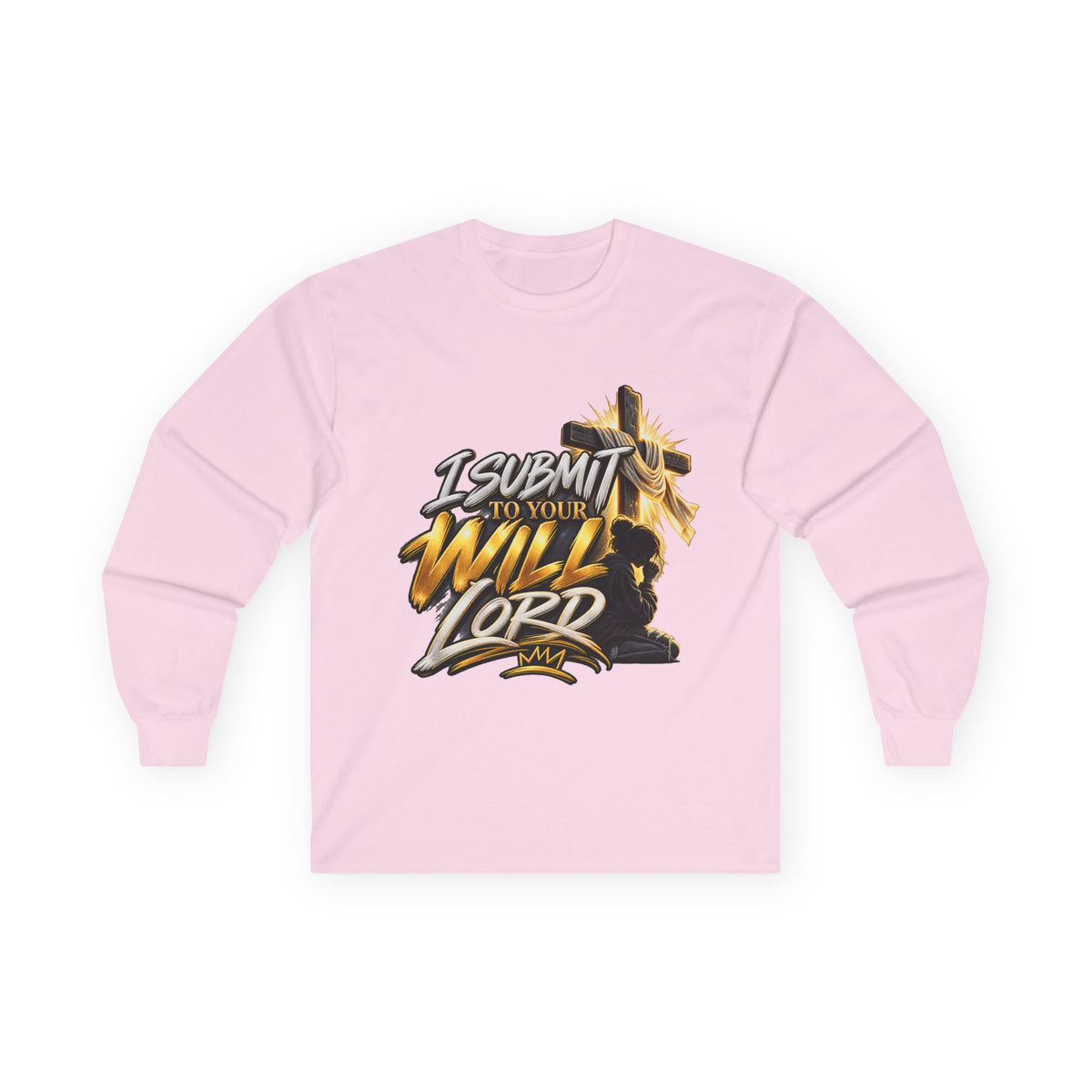 Religious Long Sleeve Tee — "I Submit to Your Will Lord" Cross Graphic