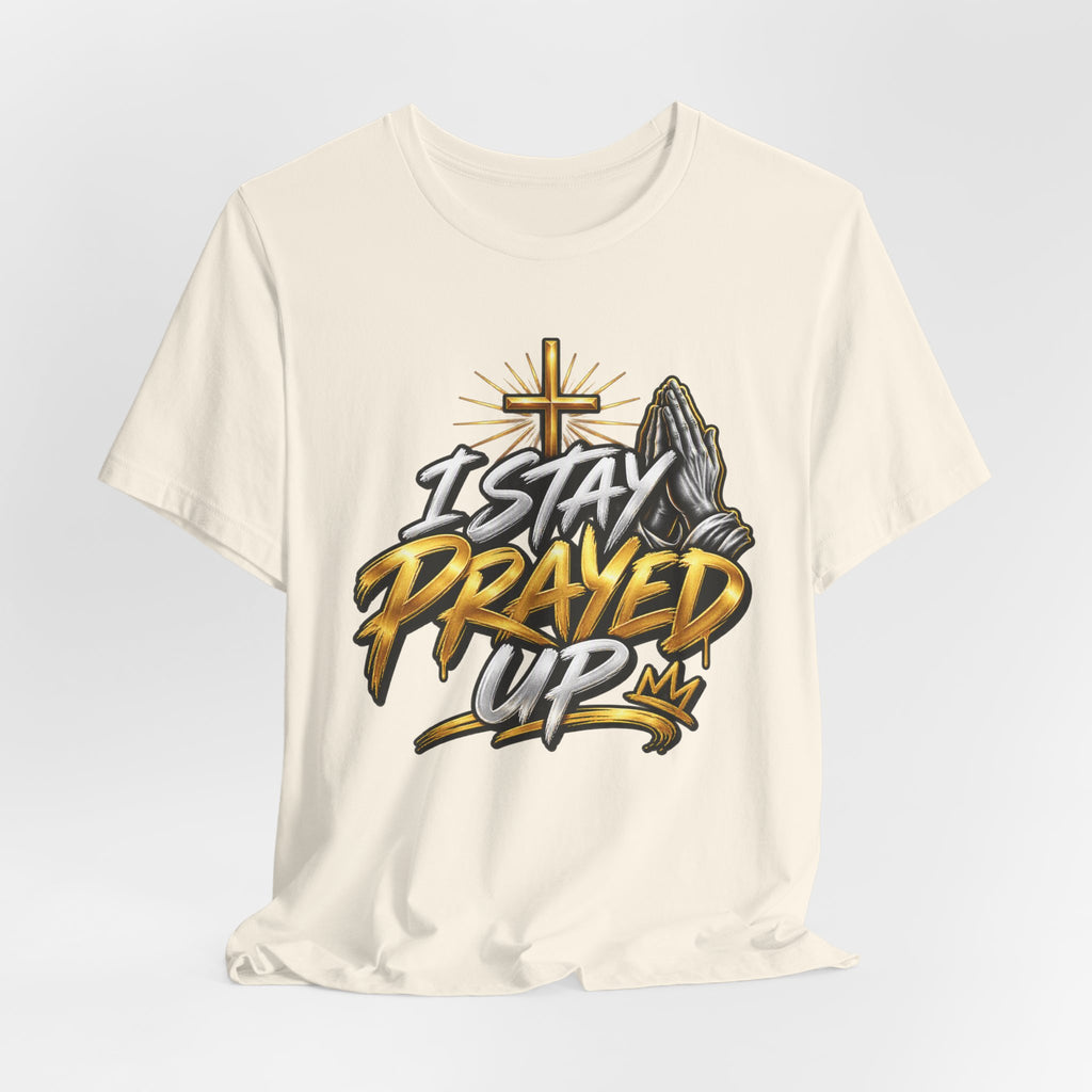 I Stay Prayed Up Tee — Inspirational Christian Graphic T-Shirt with Cross & Praying Hands