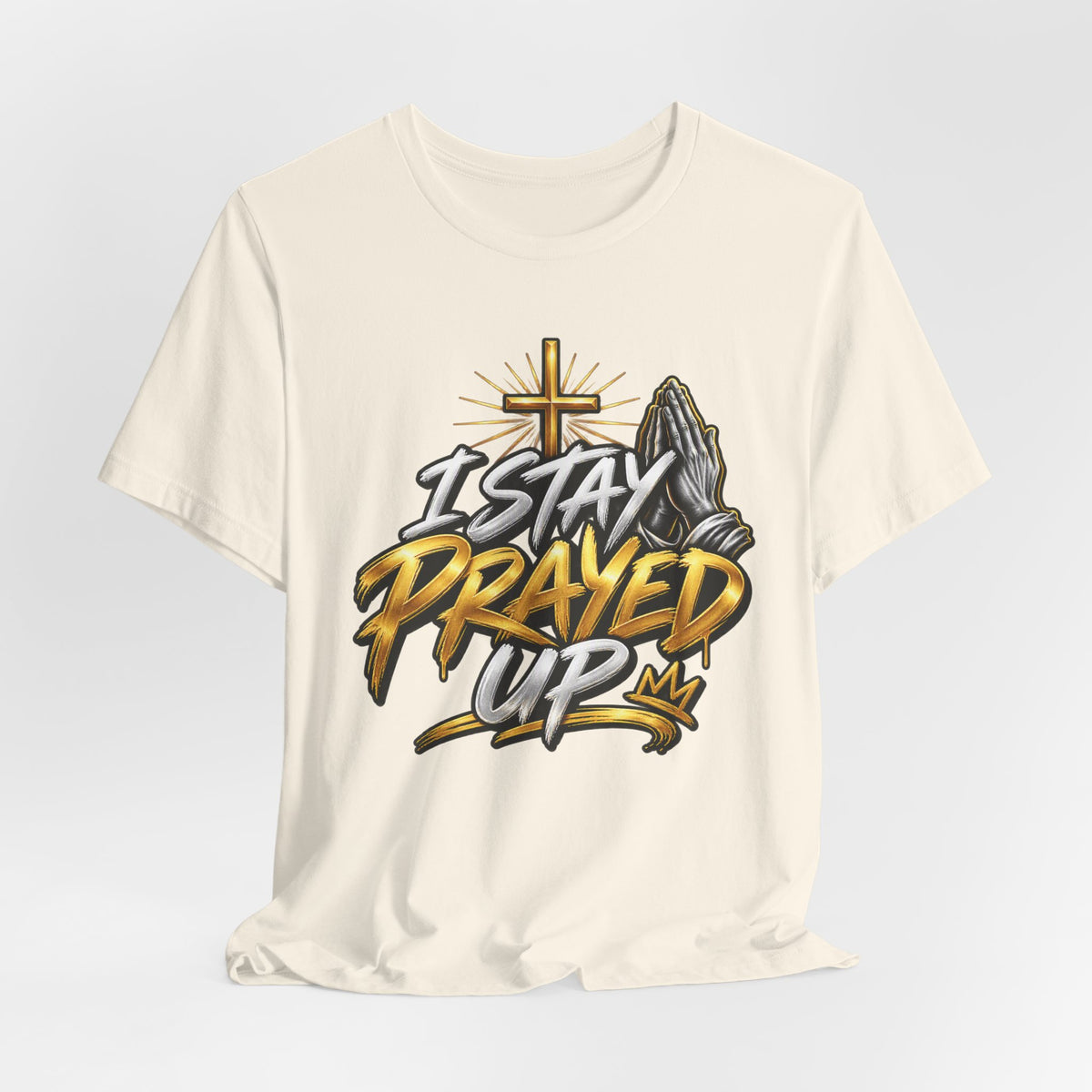 I Stay Prayed Up Tee — Inspirational Christian Graphic T-Shirt with Cross & Praying Hands