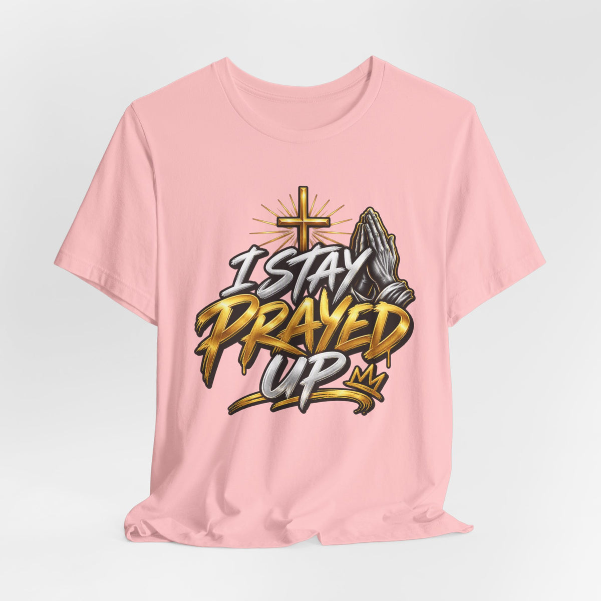 I Stay Prayed Up Tee — Inspirational Christian Graphic T-Shirt with Cross & Praying Hands