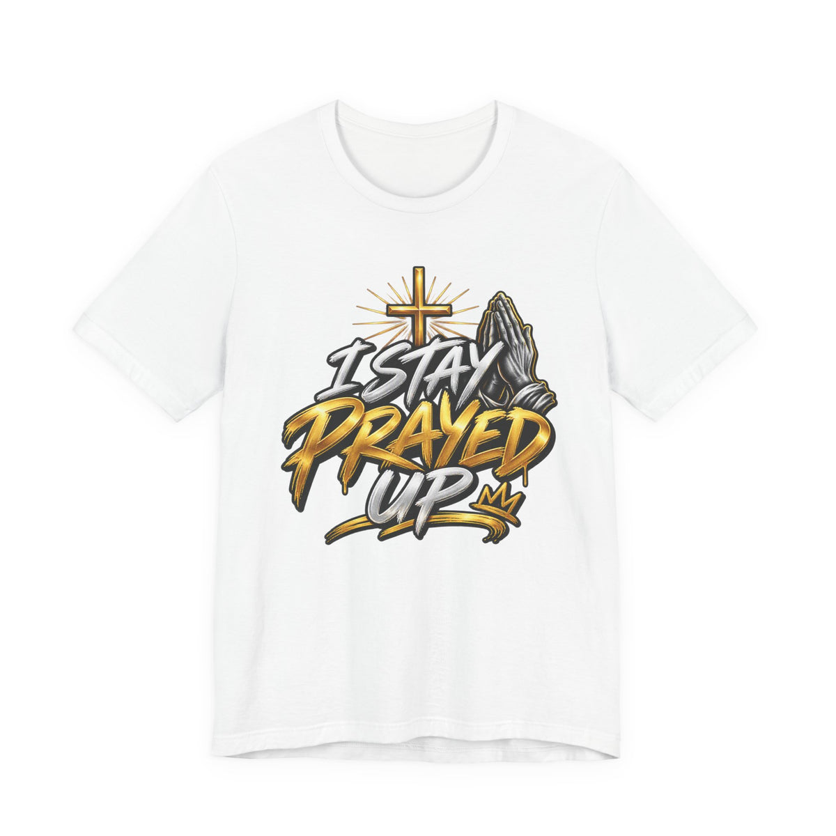I Stay Prayed Up Tee — Inspirational Christian Graphic T-Shirt with Cross & Praying Hands