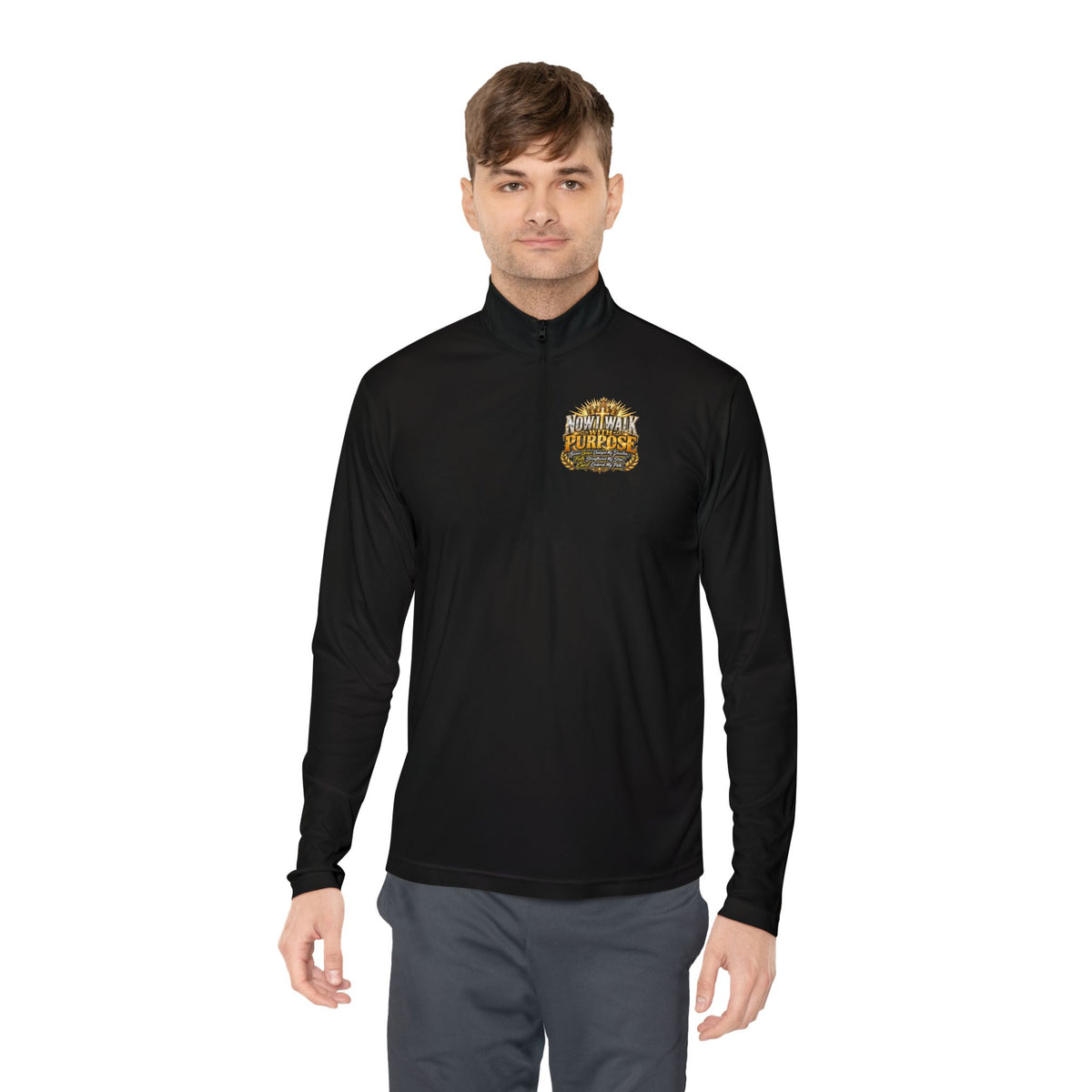 Quarter-Zip Pullover — "Now I Walk With Purpose" Motivational Graphic
