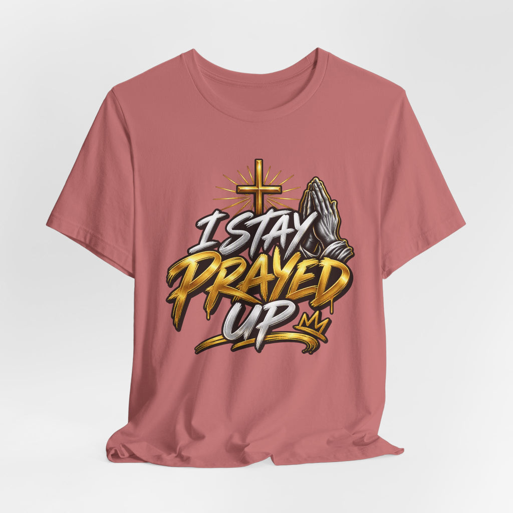 I Stay Prayed Up Tee — Inspirational Christian Graphic T-Shirt with Cross & Praying Hands