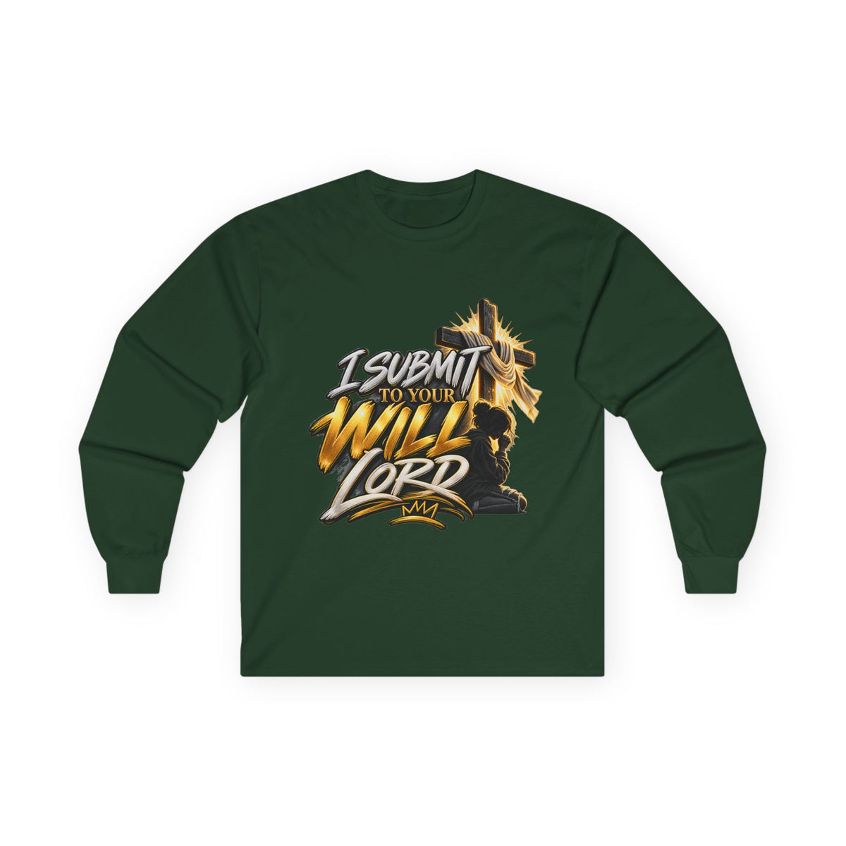 Religious Long Sleeve Tee — "I Submit to Your Will Lord" Cross Graphic
