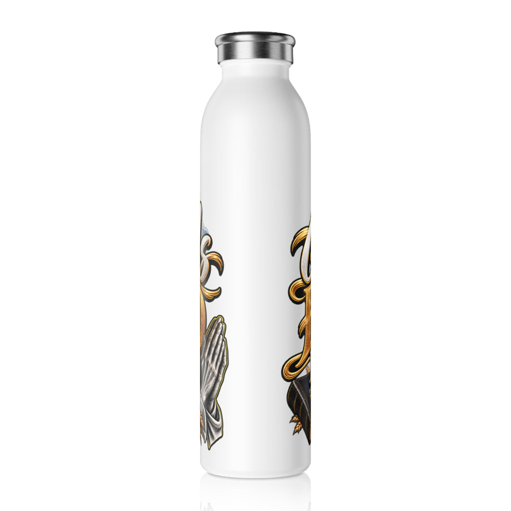 Slim Water Bottle — "Give Us This Bread For Today" Christian Cross Design