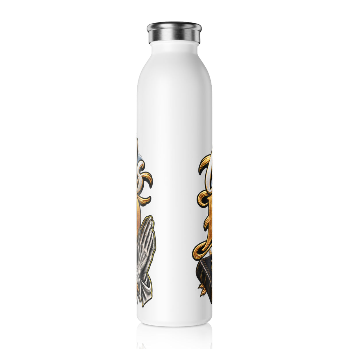 Slim Water Bottle — "Give Us This Bread For Today" Christian Cross Design