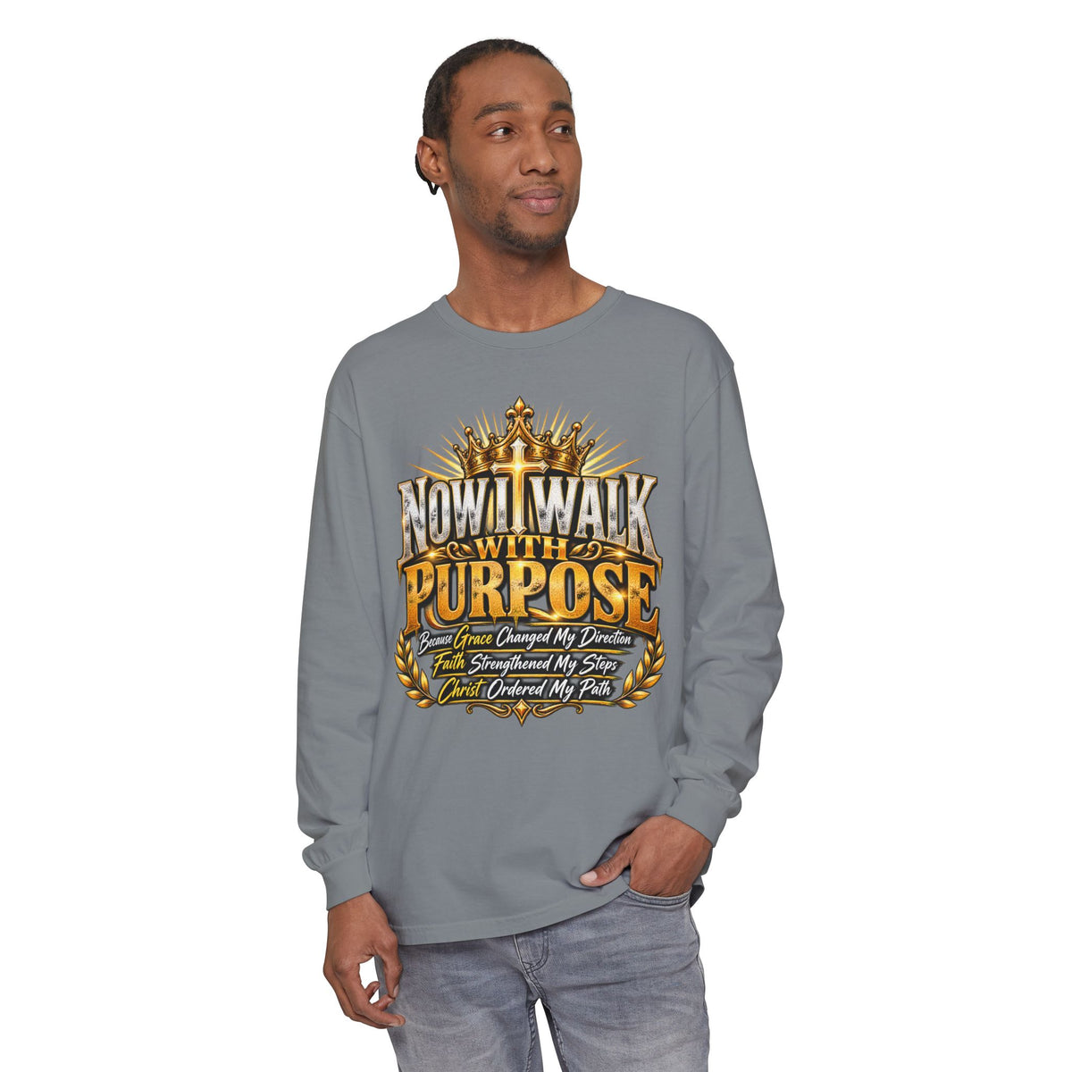Now I Walk With Purpose Long Sleeve T‑Shirt — Inspirational Christian Faith Tee