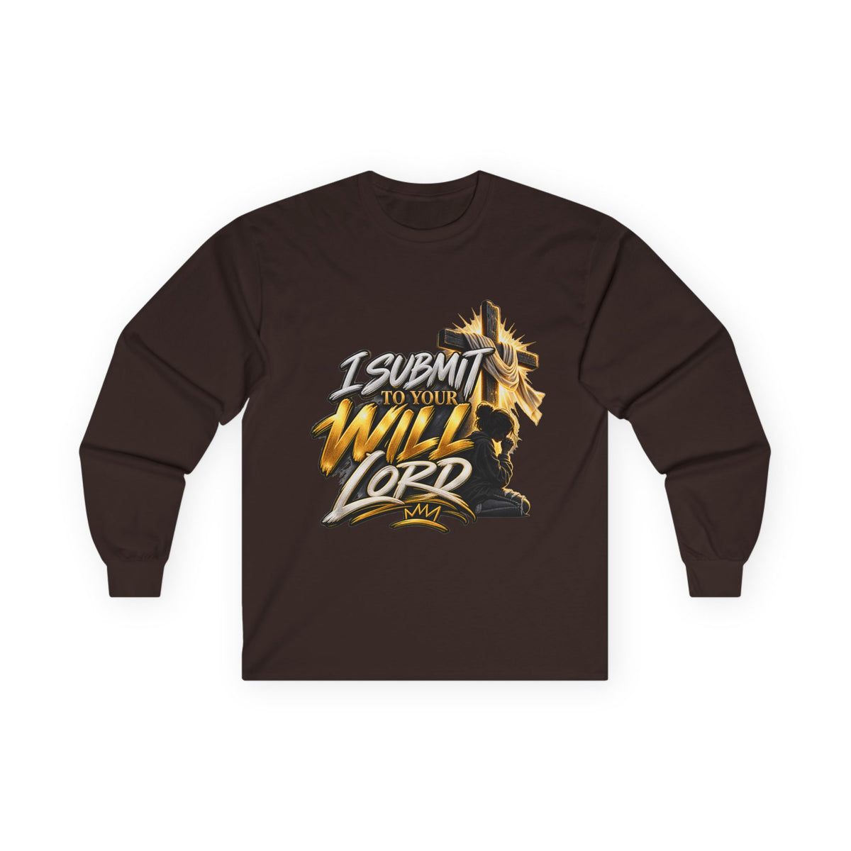 Religious Long Sleeve Tee — "I Submit to Your Will Lord" Cross Graphic