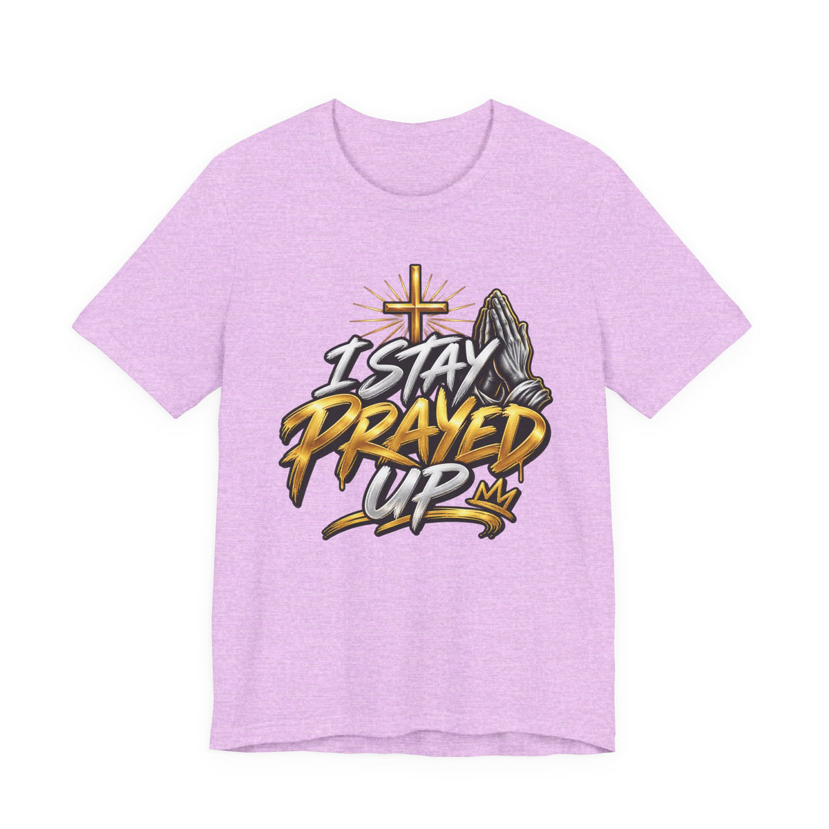 I Stay Prayed Up Tee — Inspirational Christian Graphic T-Shirt with Cross & Praying Hands
