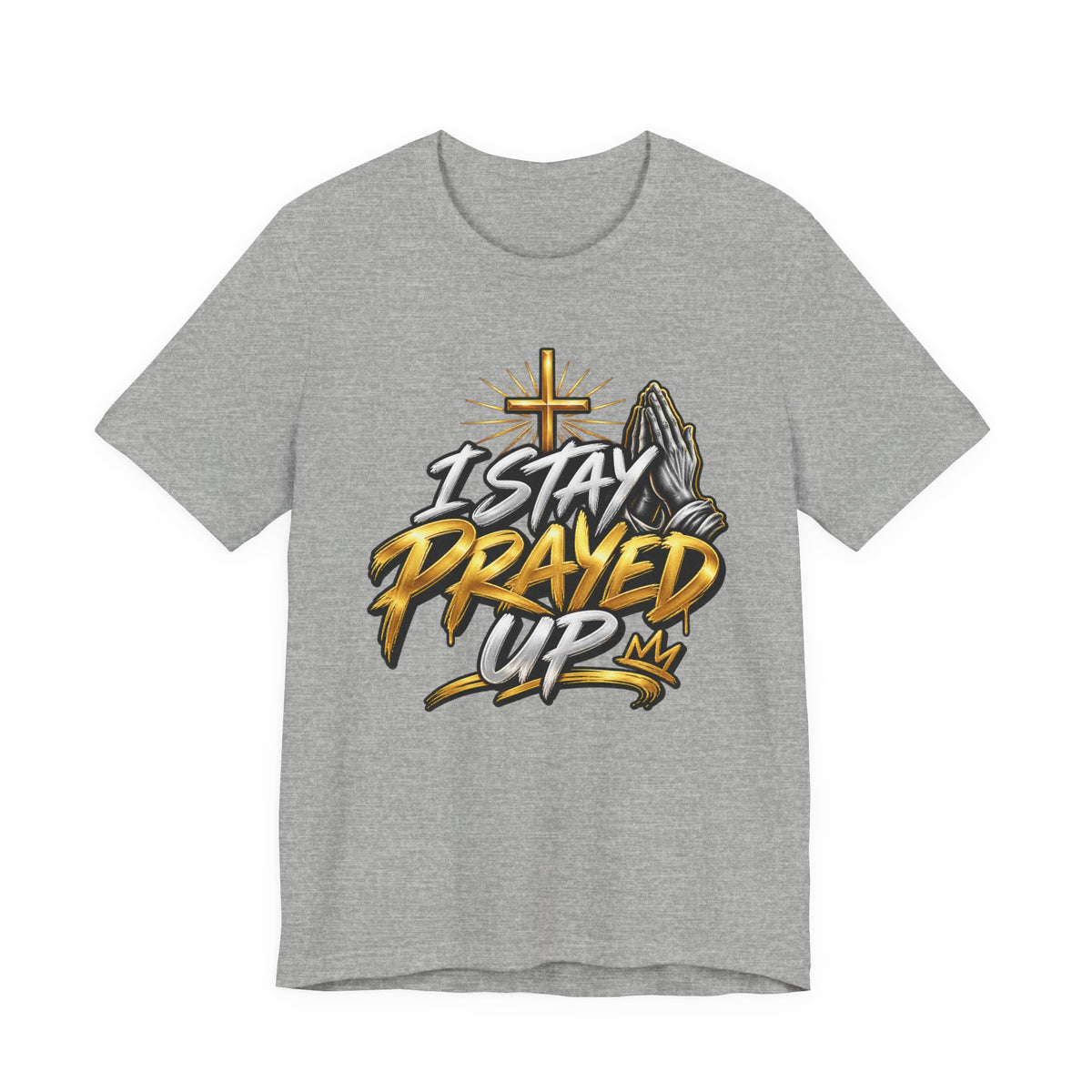I Stay Prayed Up Tee — Inspirational Christian Graphic T-Shirt with Cross & Praying Hands