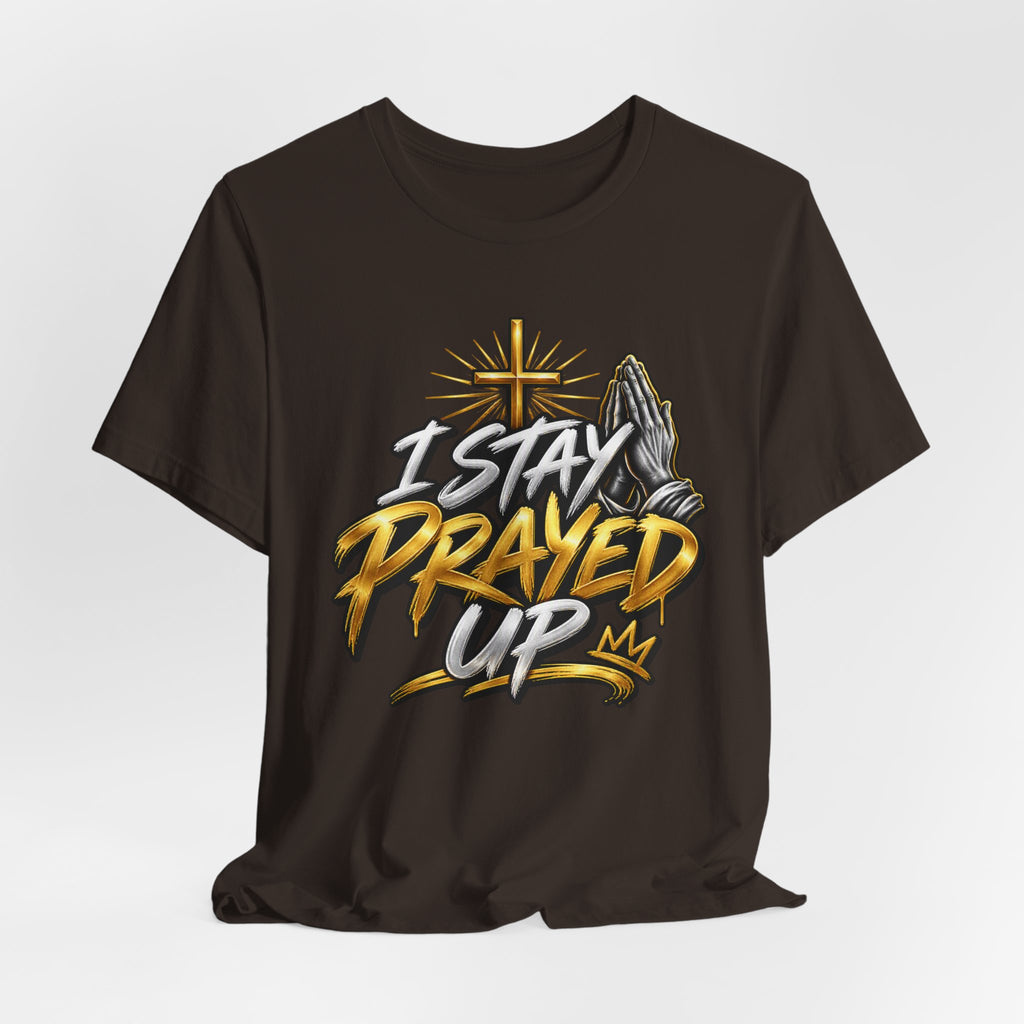 I Stay Prayed Up Tee — Inspirational Christian Graphic T-Shirt with Cross & Praying Hands