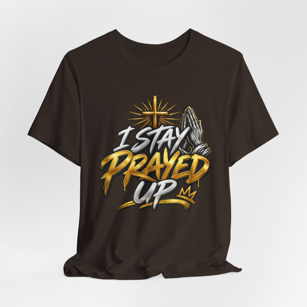 I Stay Prayed Up Tee — Inspirational Christian Graphic T-Shirt with Cross & Praying Hands