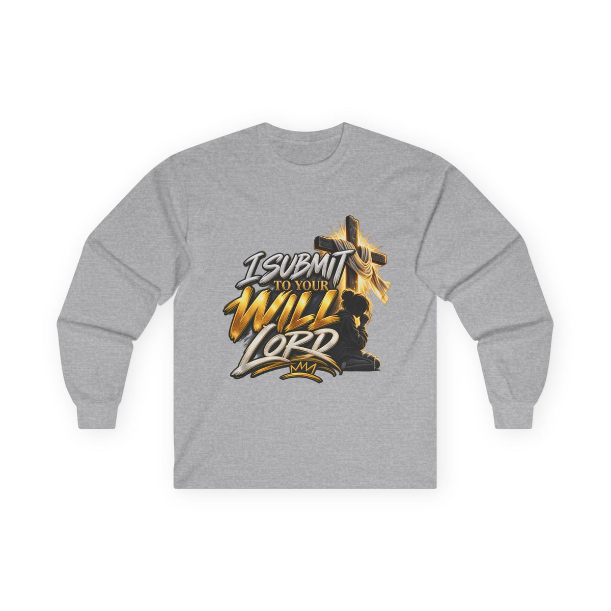 Religious Long Sleeve Tee — "I Submit to Your Will Lord" Cross Graphic