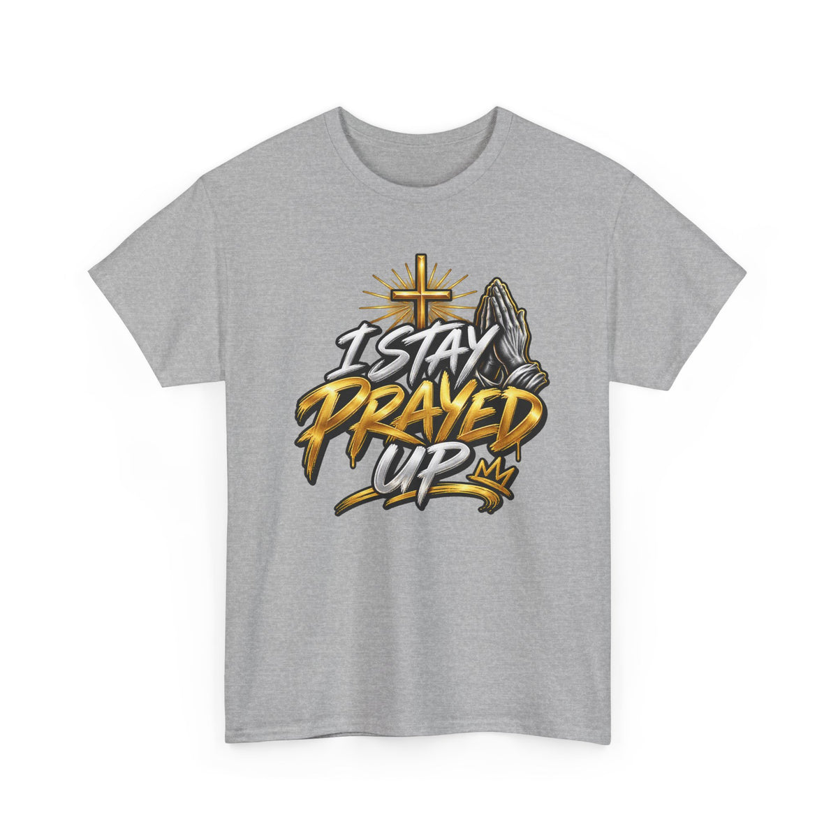 I Stay Prayed Up Tee — Christian Faith Prayer T-Shirt with Cross & Praying Hands