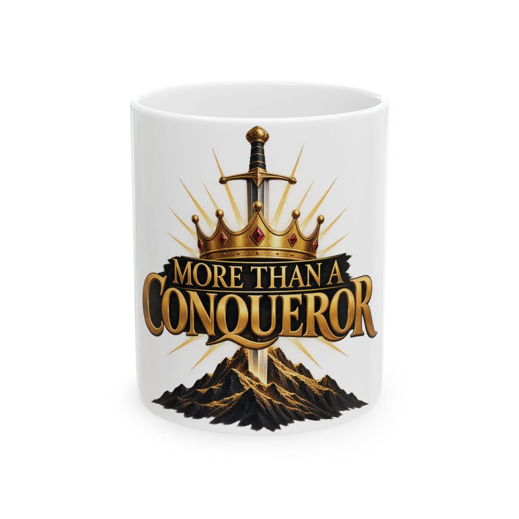 More Than A Conqueror Ceramic Mug – Inspirational Crown & Sword Coffee Cup (11oz/15oz)
