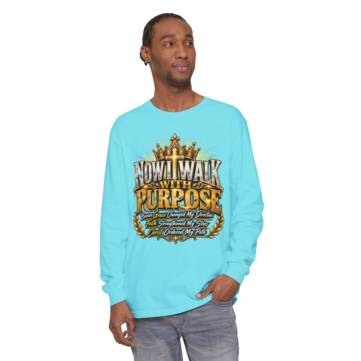 Now I Walk With Purpose Long Sleeve T‑Shirt — Inspirational Christian Faith Tee