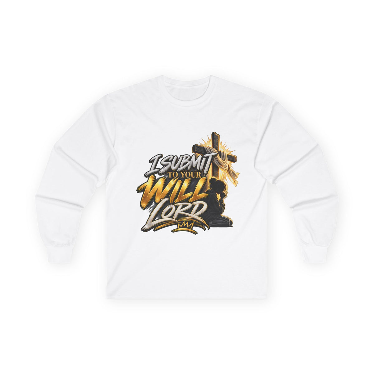 Religious Long Sleeve Tee — "I Submit to Your Will Lord" Cross Graphic