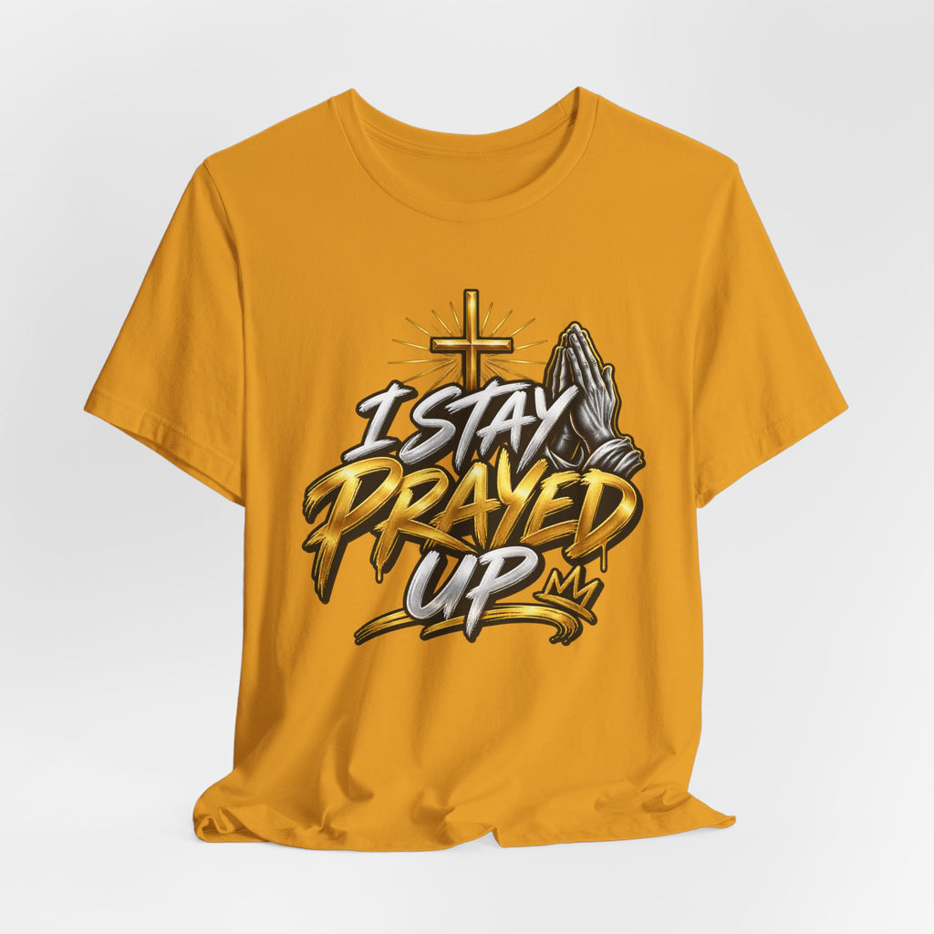 I Stay Prayed Up Tee — Inspirational Christian Graphic T-Shirt with Cross & Praying Hands
