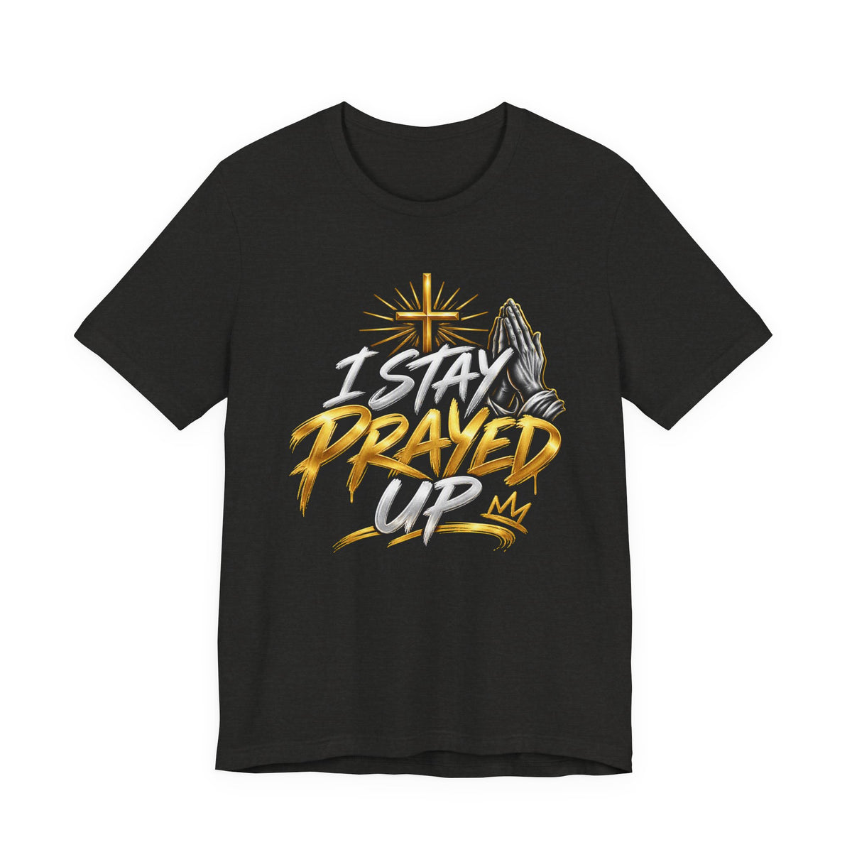 I Stay Prayed Up Tee — Inspirational Christian Graphic T-Shirt with Cross & Praying Hands