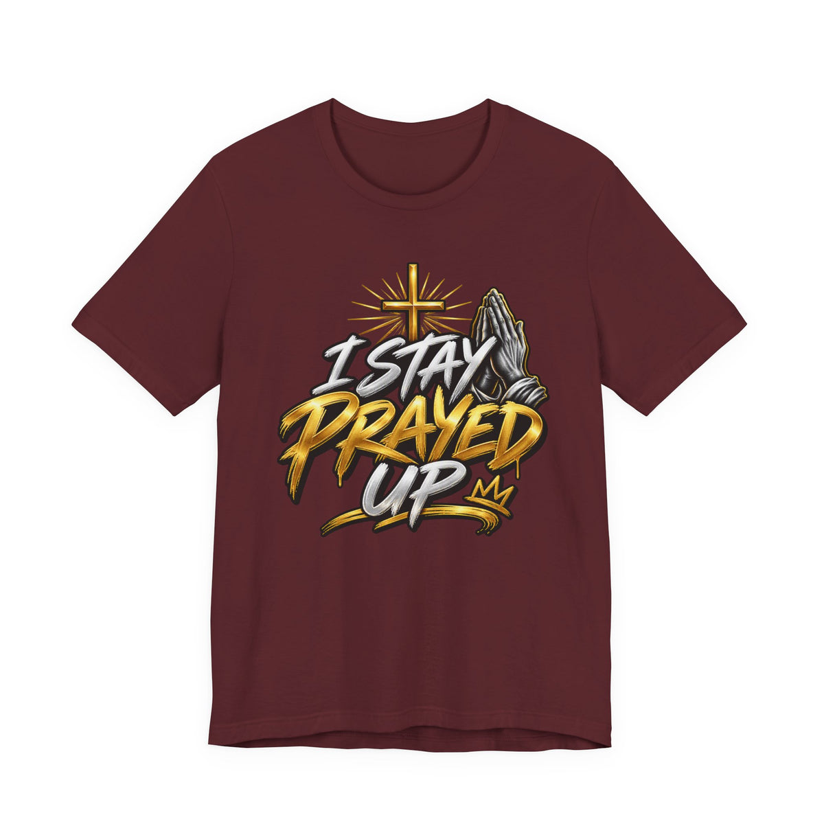 I Stay Prayed Up Tee — Inspirational Christian Graphic T-Shirt with Cross & Praying Hands