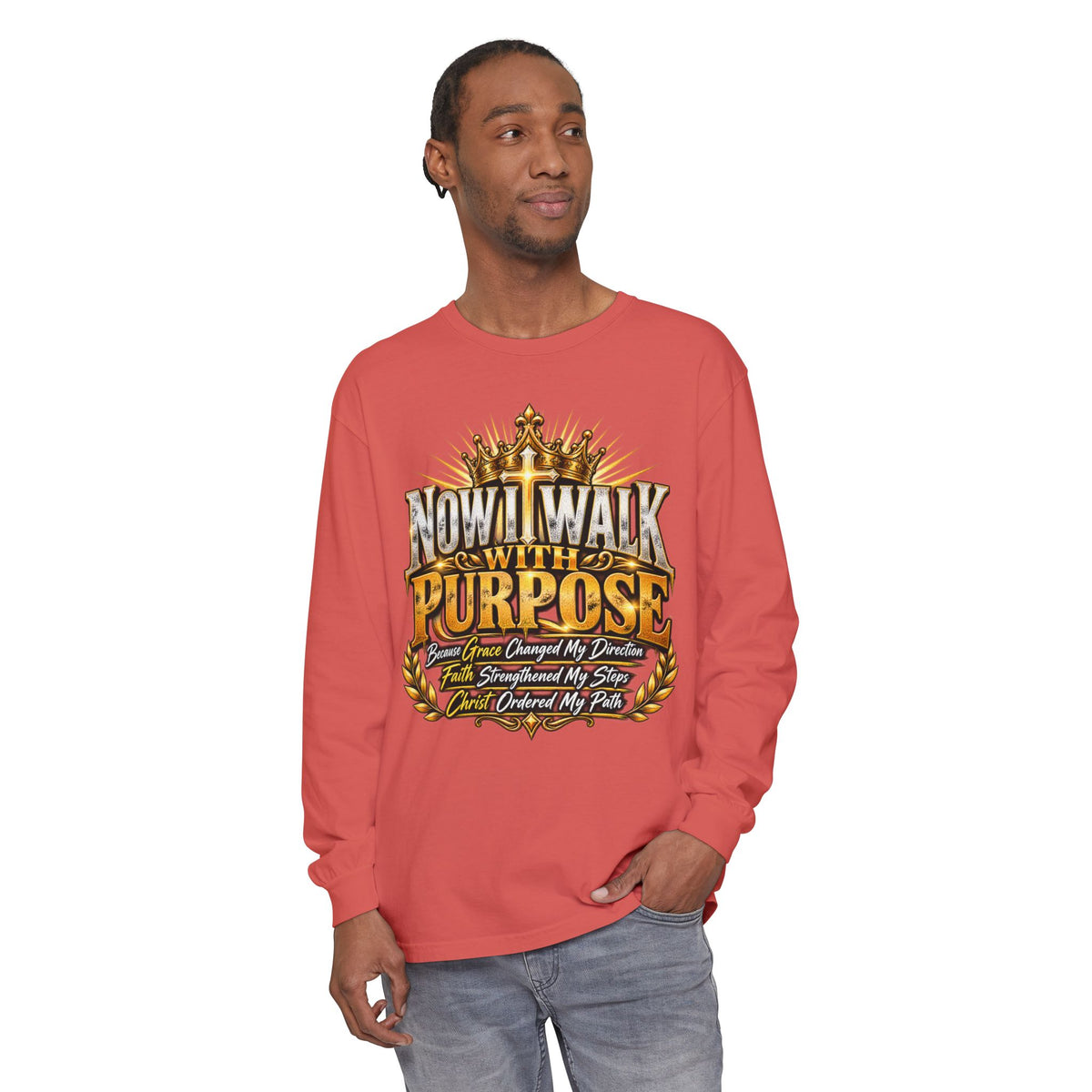 Now I Walk With Purpose Long Sleeve T‑Shirt — Inspirational Christian Faith Tee