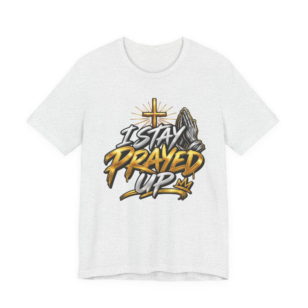 I Stay Prayed Up Tee — Inspirational Christian Graphic T-Shirt with Cross & Praying Hands
