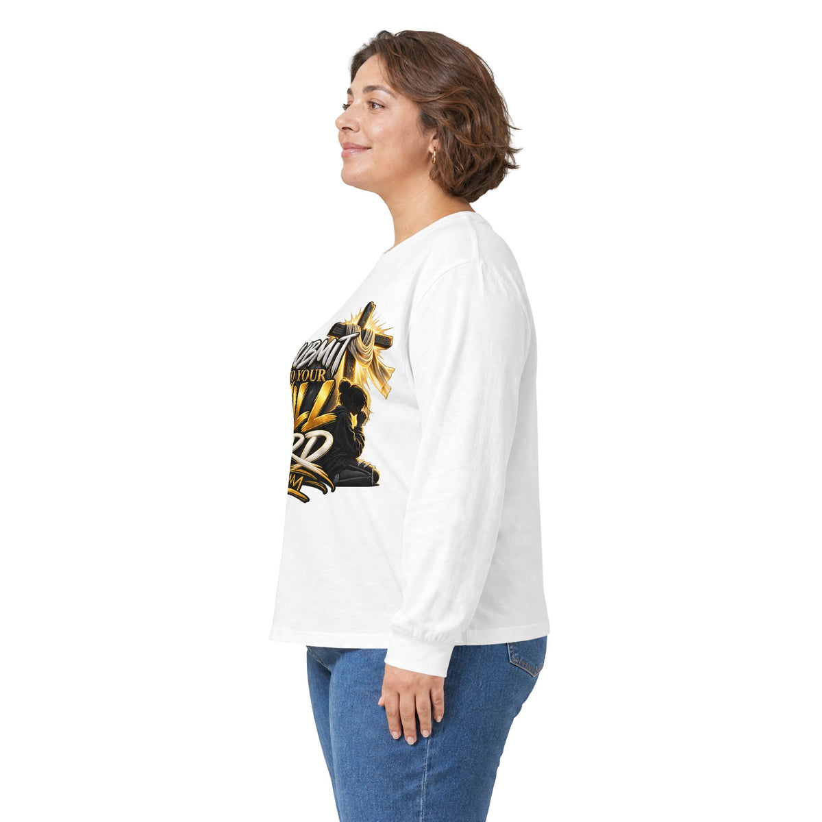 Religious Long Sleeve Tee — "I Submit to Your Will Lord" Cross Graphic