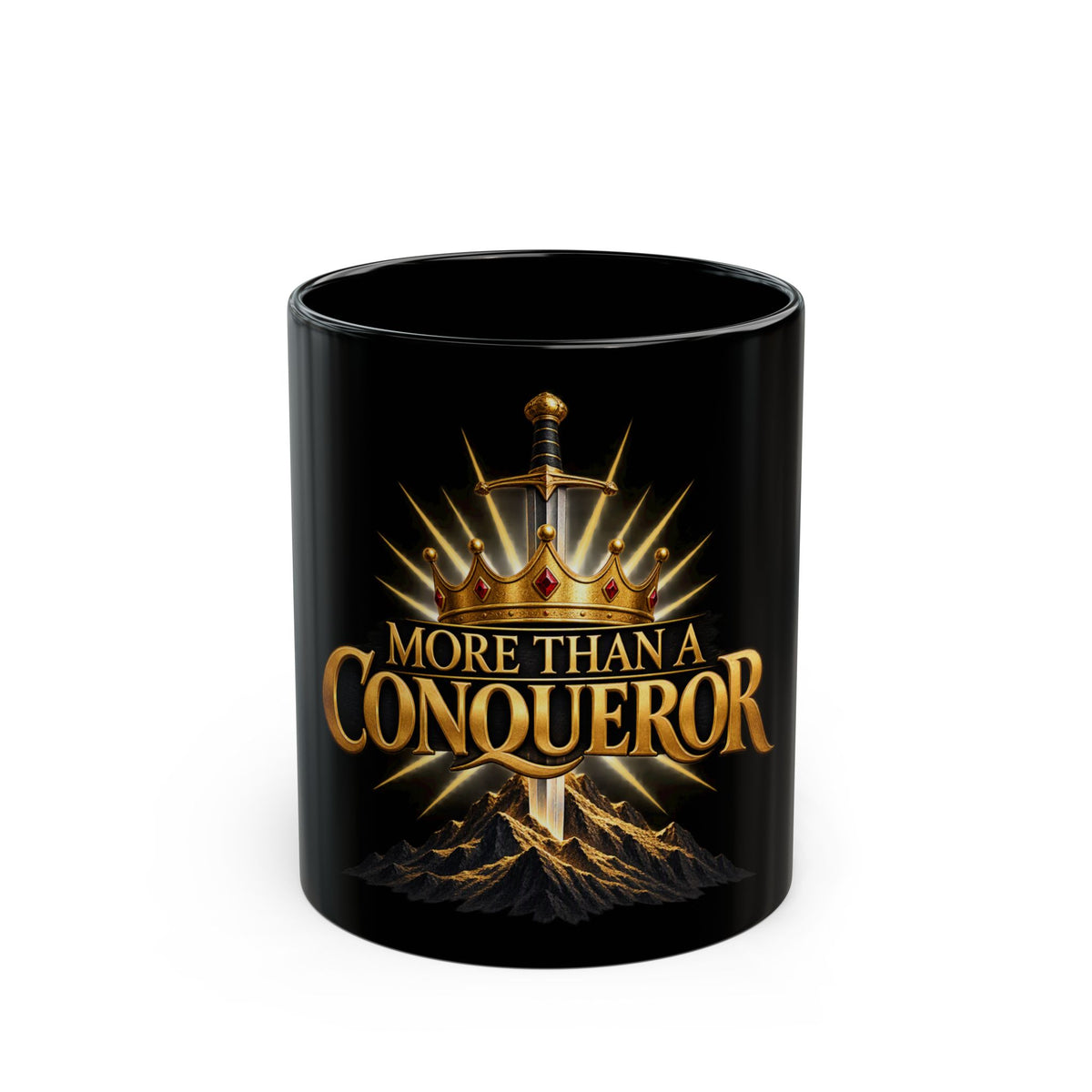 More Than a Conqueror Black Mug – Inspirational Crown & Sword Coffee Cup