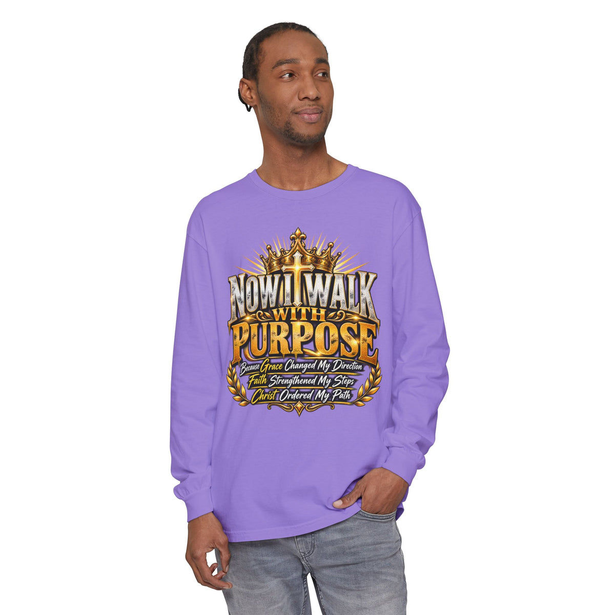 Now I Walk With Purpose Long Sleeve T‑Shirt — Inspirational Christian Faith Tee