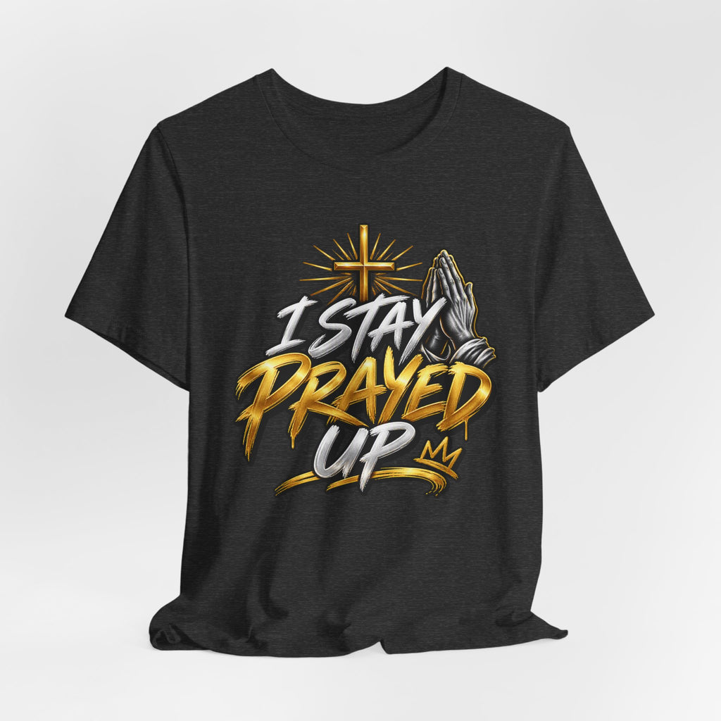 I Stay Prayed Up Tee — Inspirational Christian Graphic T-Shirt with Cross & Praying Hands