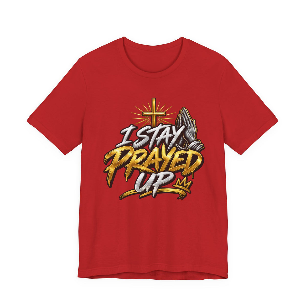 I Stay Prayed Up Tee — Inspirational Christian Graphic T-Shirt with Cross & Praying Hands