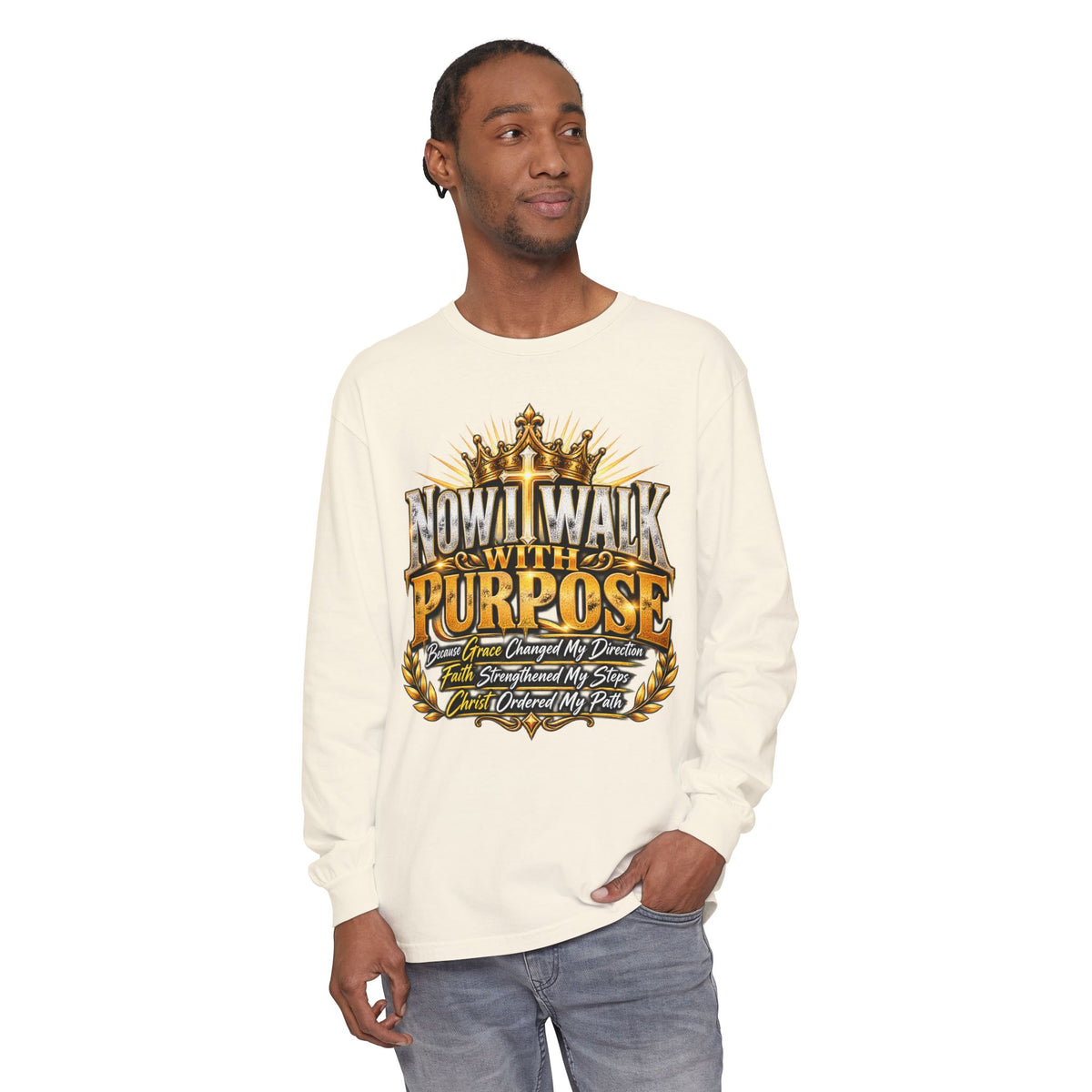 Now I Walk With Purpose Long Sleeve T‑Shirt — Inspirational Christian Faith Tee