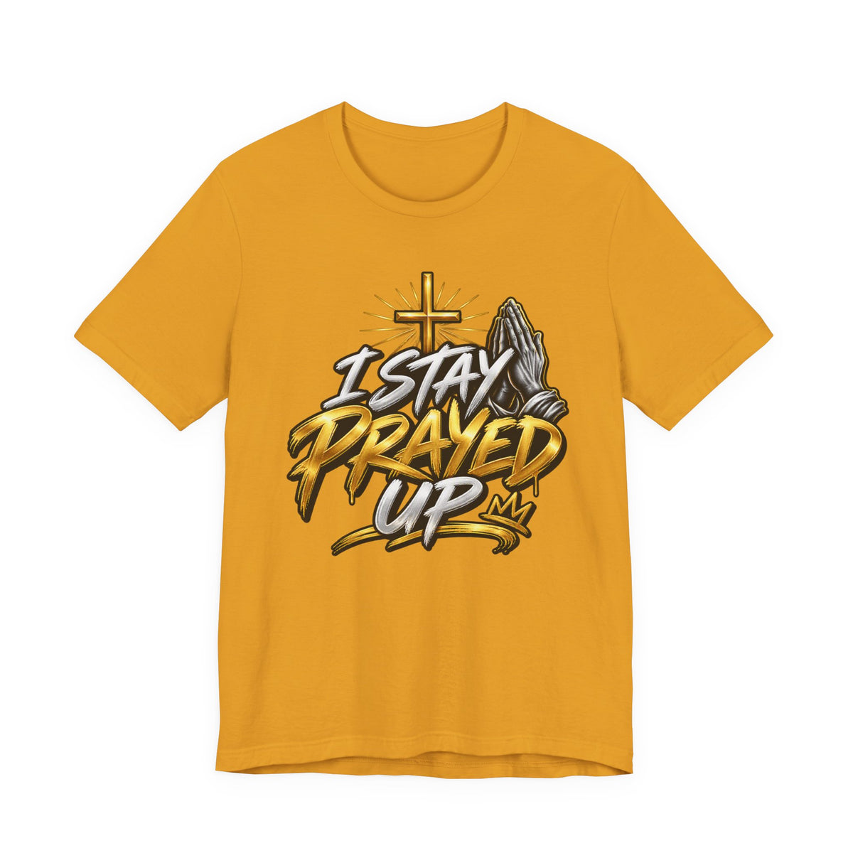 I Stay Prayed Up Tee — Inspirational Christian Graphic T-Shirt with Cross & Praying Hands