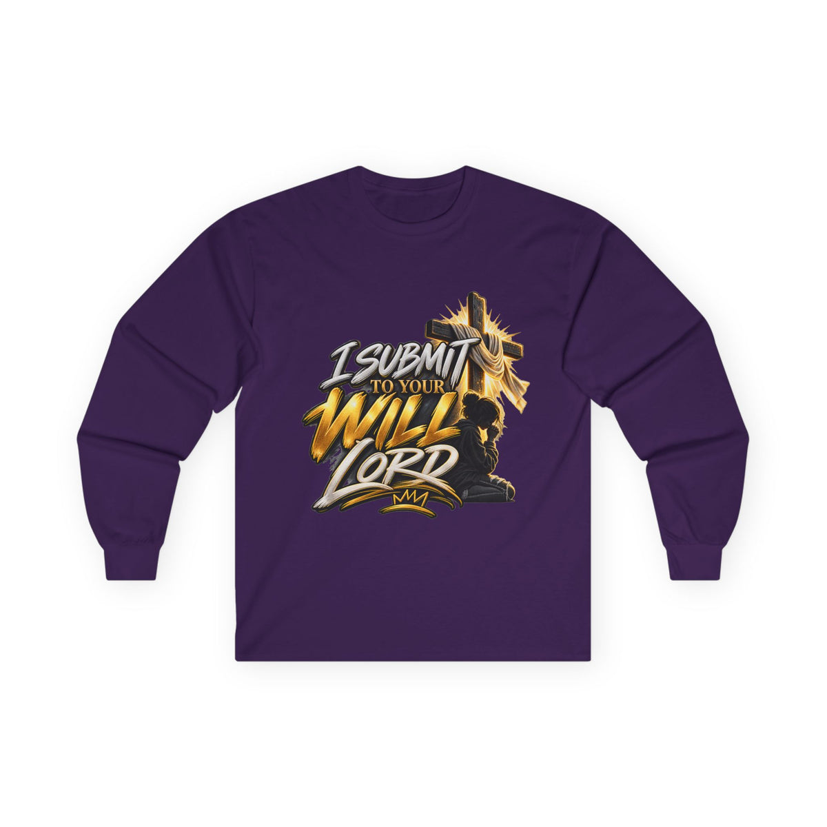 Religious Long Sleeve Tee — "I Submit to Your Will Lord" Cross Graphic
