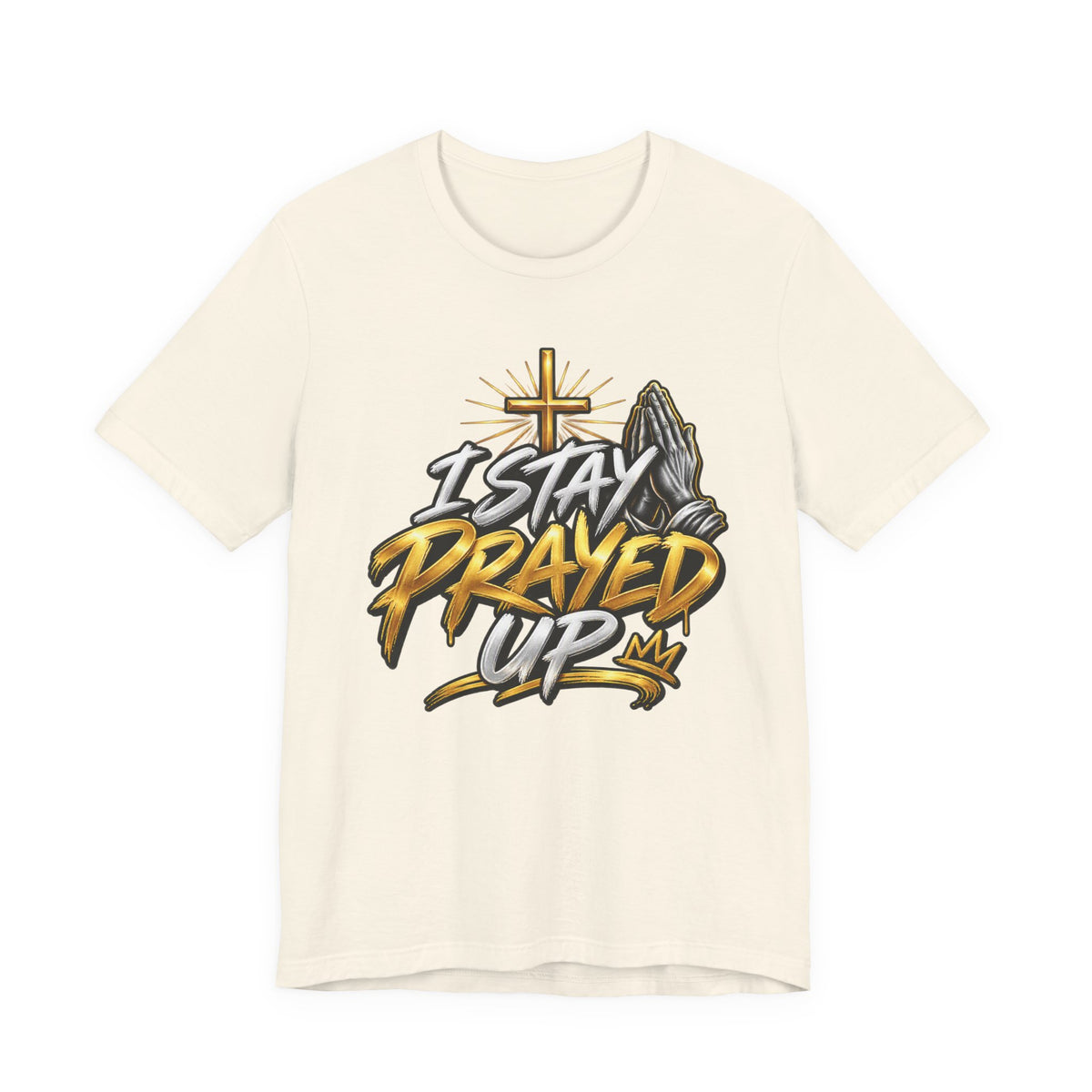 I Stay Prayed Up Tee — Inspirational Christian Graphic T-Shirt with Cross & Praying Hands