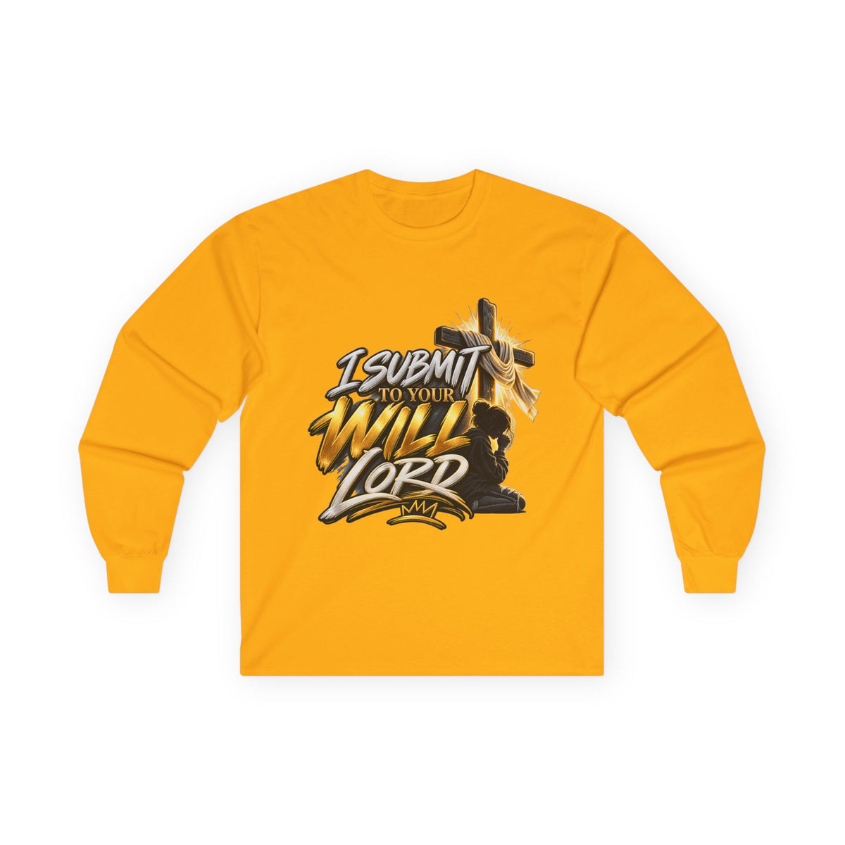 Religious Long Sleeve Tee — "I Submit to Your Will Lord" Cross Graphic