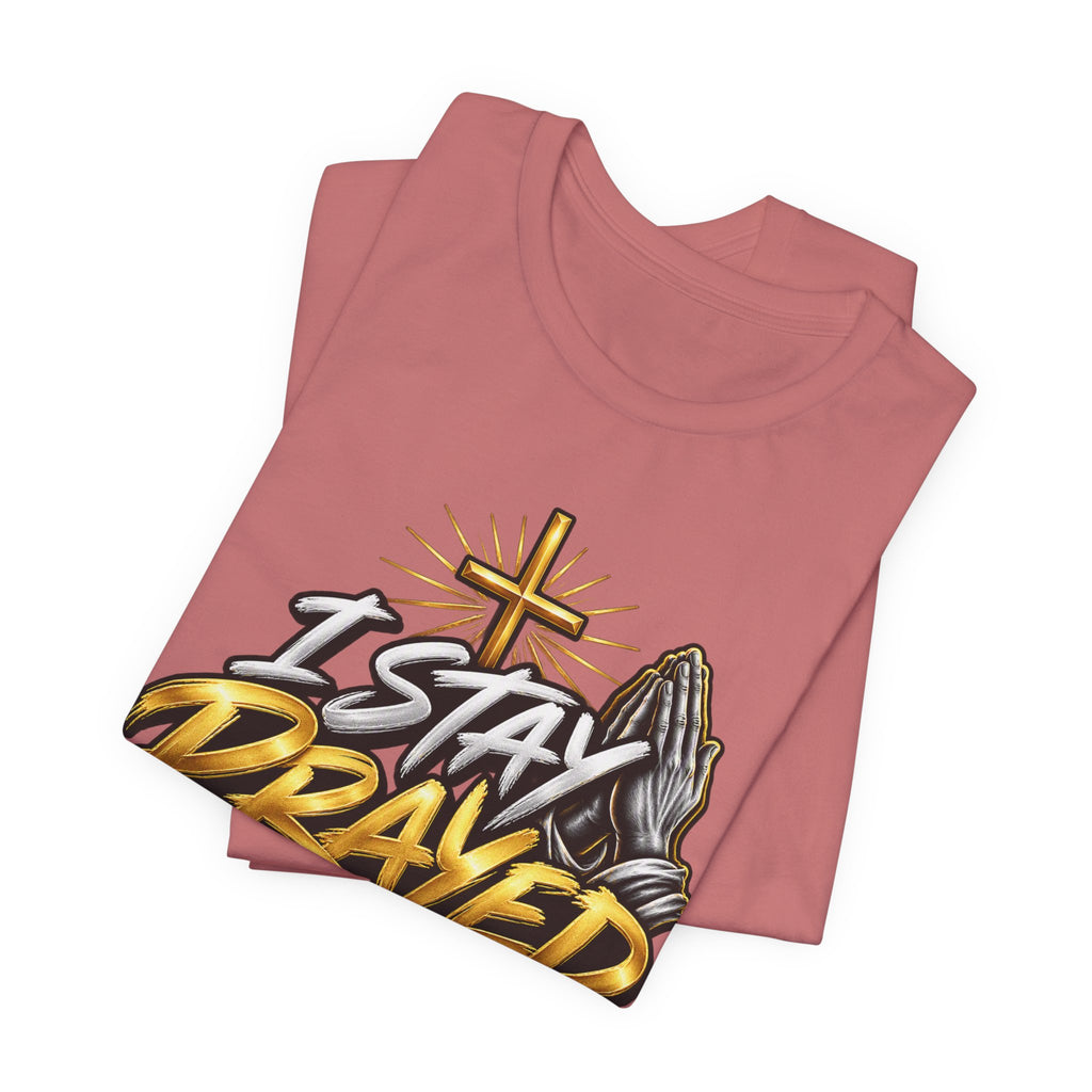 I Stay Prayed Up Tee — Inspirational Christian Graphic T-Shirt with Cross & Praying Hands