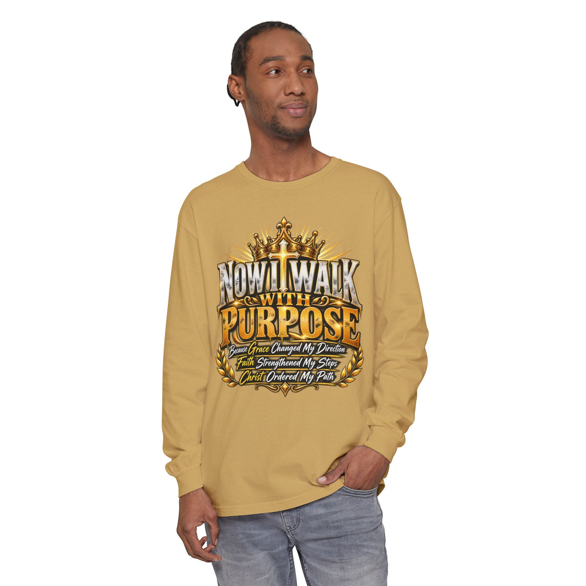 Now I Walk With Purpose Long Sleeve T‑Shirt — Inspirational Christian Faith Tee